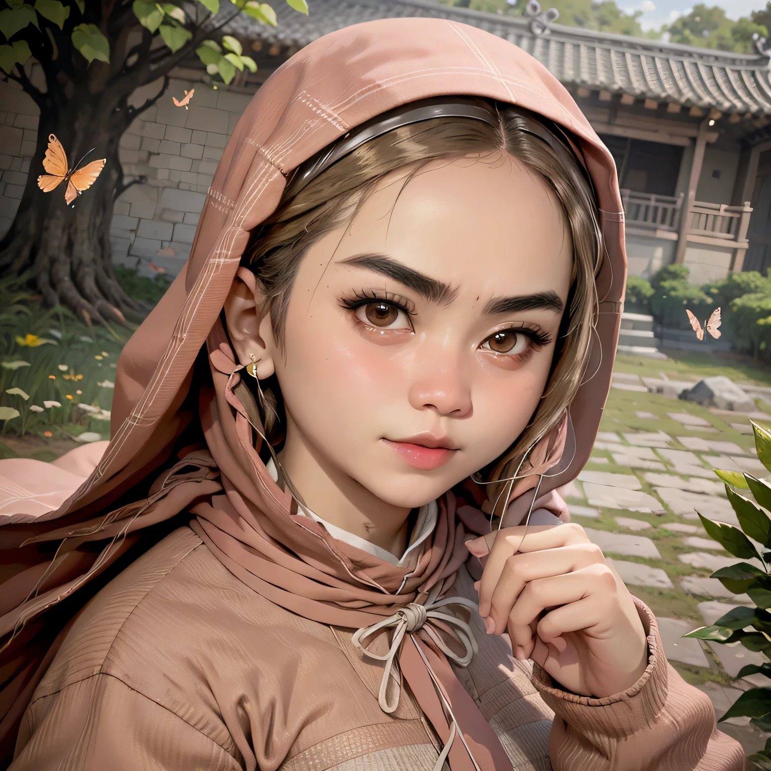 best quality,4k,8k,highres,masterpiece:1.2,portraits,Chinese girl,cultivation manhua,manga style,beautiful detailed eyes,beautiful detailed lips,extremely detailed eyes and face,longeyelashes,traditional dress,serene expression,lush green garden,flying butterflies,ancient temple in the background,delicate brush strokes,soft color palette,natural lighting,ultra-fine painting,realistic,bokeh