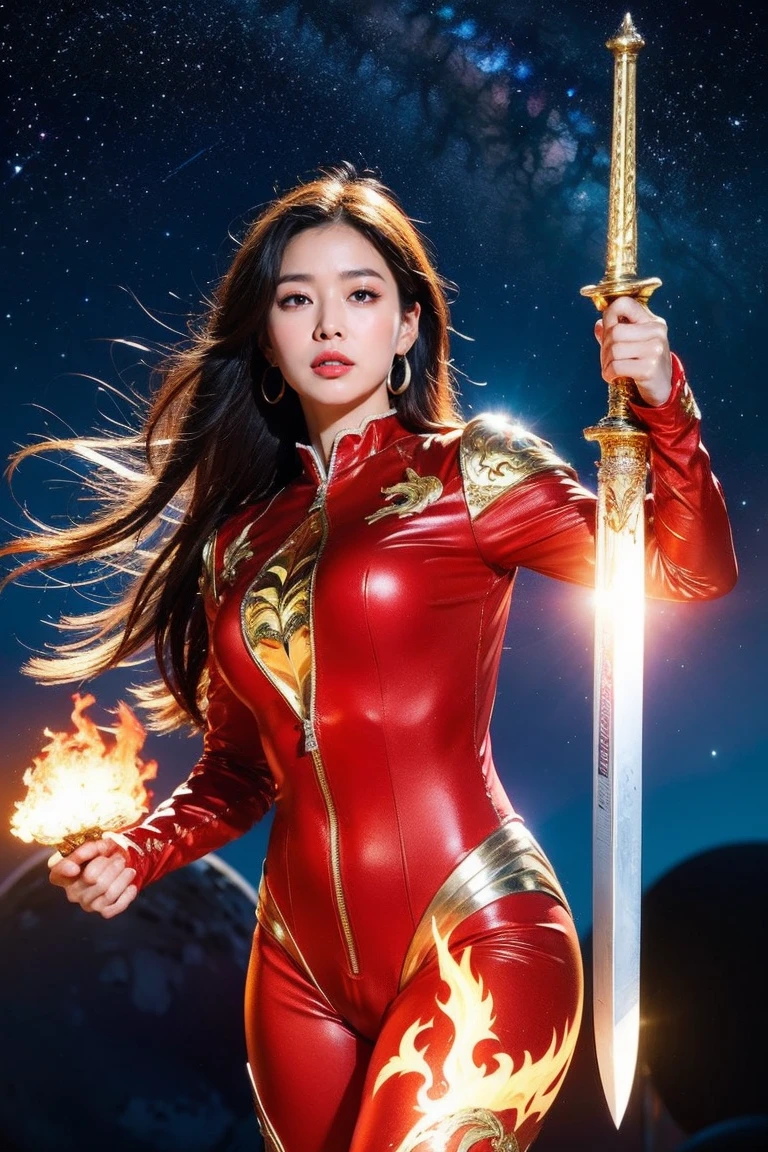 highest quality, masterpiece, realistic, High resolution, 8K RAW Photos, 1 girl、long hair、goddess、has a decorated sword、Swing your sword up、((glamor body:1.3))、(Red bodysuit with flame motif、gold edge)、silver pendant、silver earrings、(((action pose)))、(planet where the sun can be seen)、(Many prominences in the sky）