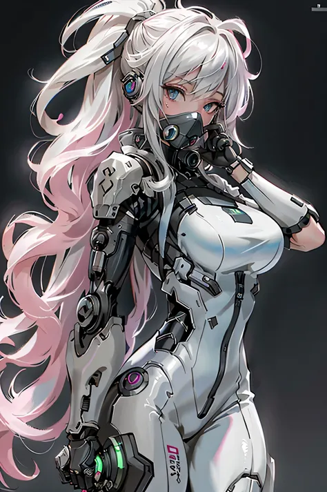 ((beste-Qualit)),Fille cyborg dans le style cyborg，cheveux gris，Coiffure longue queue de cheval，Wear headphones in the shape of ...