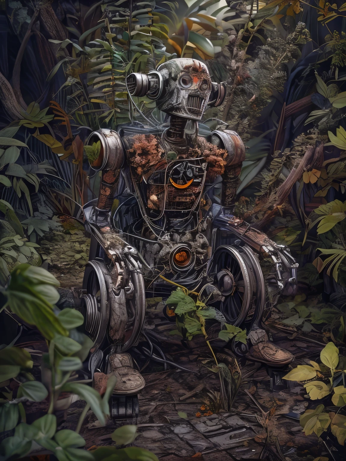 (La best quality,high resolution,super detailed,actual),Old abandoned robot in a wheelchair，covered with plants（ （（A masterpiece full of horror elements）））， （（best quality））， （（intricate details））（8k）