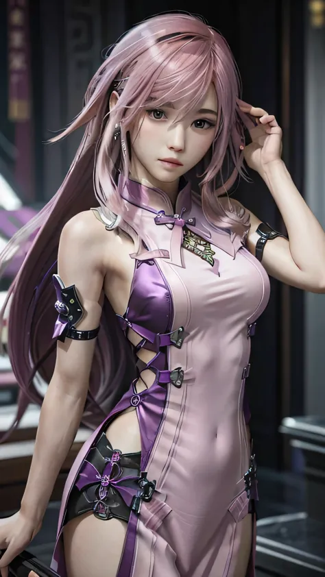 (masterpiece, highest quality:1.3)
1 girl, alone, long hair, pink hair、purple cheongsam、whole body