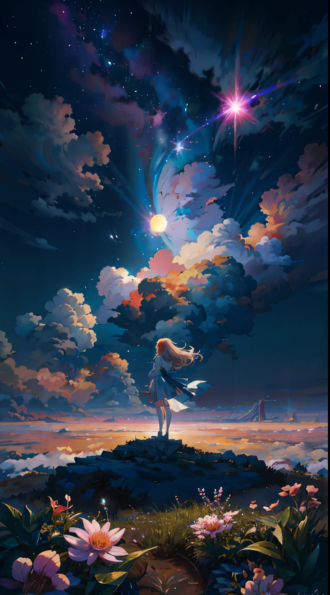 Anime girl standing on mountain looking at the stars, dreamlike digital painting, Inspired by Cyril Rolando, Makoto Shinkai Cyril Rolando, rhads and lois van baarle, Anime art wallpaper 8 K, Anime art wallpaper 4k, Anime art wallpaper 4 K, wlop and RHADS, 4k highly detailed digital art, Inspired by RHADS