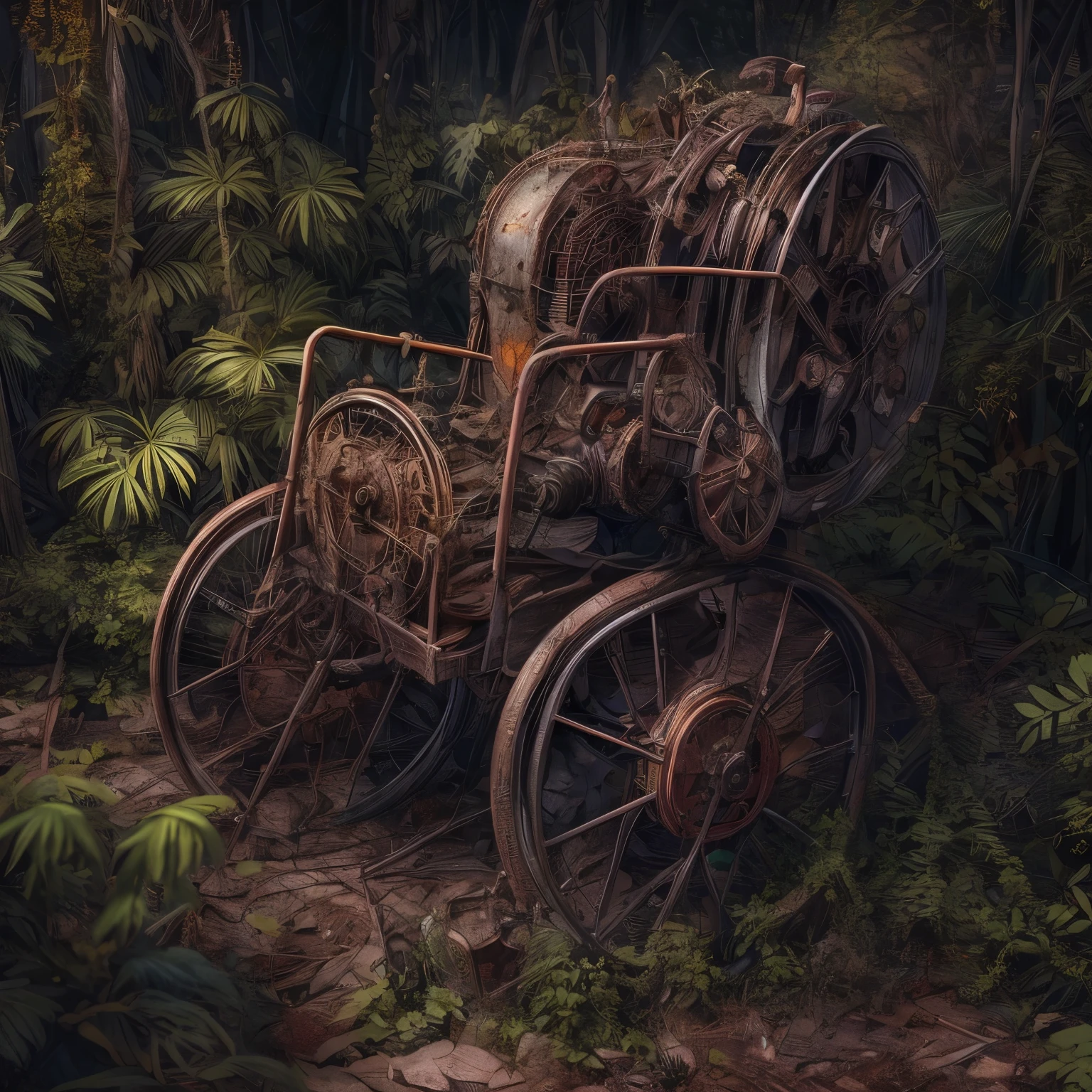 (La best quality,high resolution,super detailed,actual),Worn abandoned machinery in wheelchair，covered with plants，The light is dark（ （（A masterpiece full of horror elements）））， （（best quality））， （（intricate details））（8k）