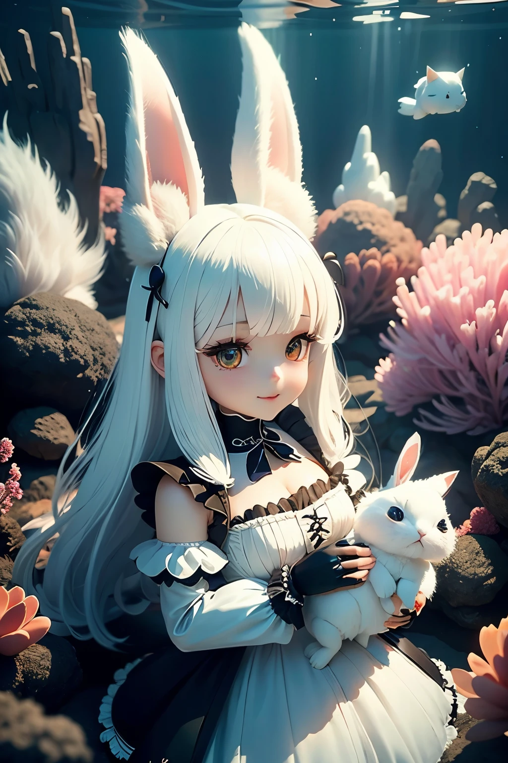 White Rabbit Girl(white hair&rabbit ears&fluffy fur)and black cat girl(black hair&black cat ears&fluffy fur)、high quality, Carrot、High resolution、genuine、3D、smile、deep sea、coral、light from the water surface