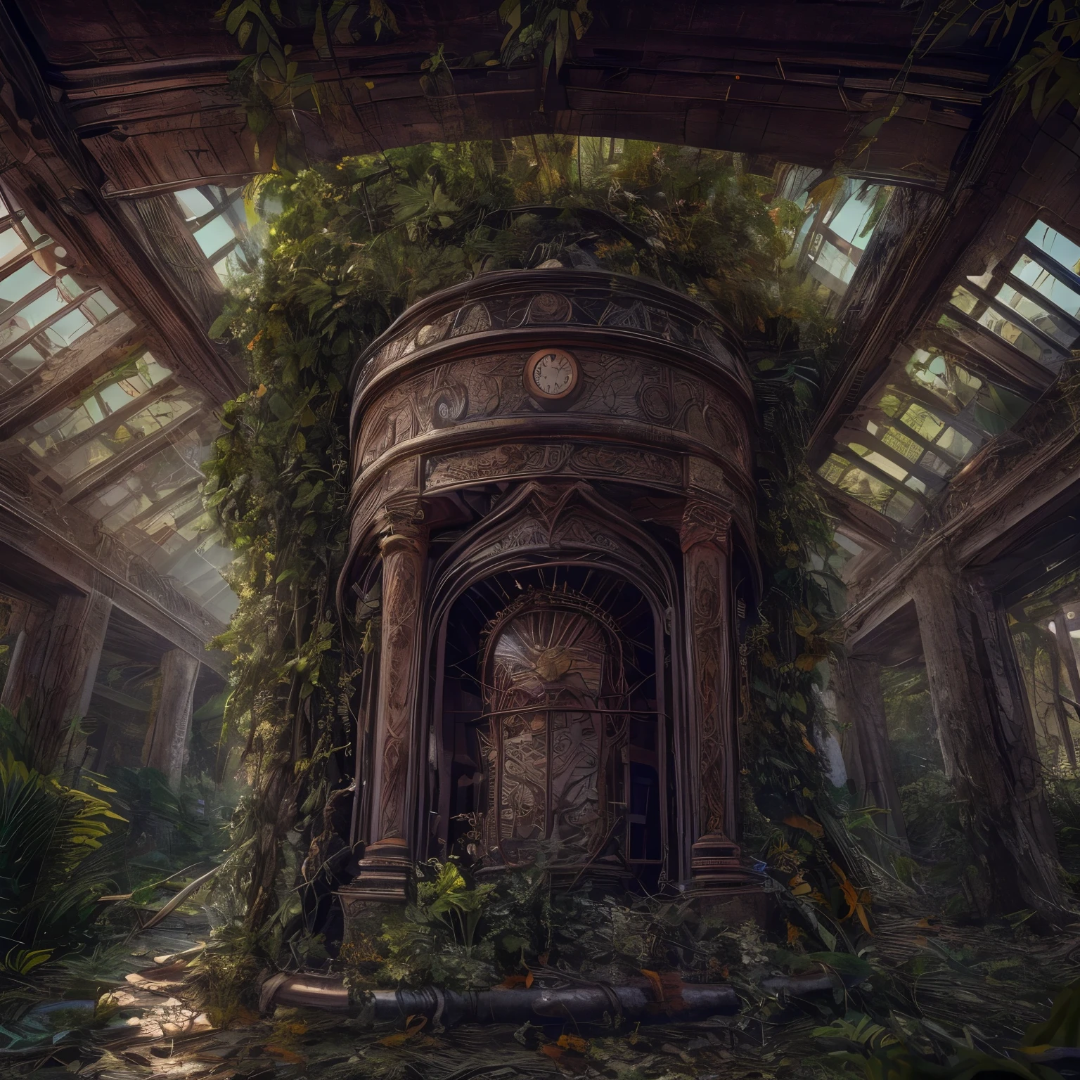 (La best quality,high resolution,super detailed,actual),dilapidated abandoned time machine，covered with plants，The light is dark（ （（A masterpiece full of horror elements）））， （（best quality））， （（intricate details））（8k）