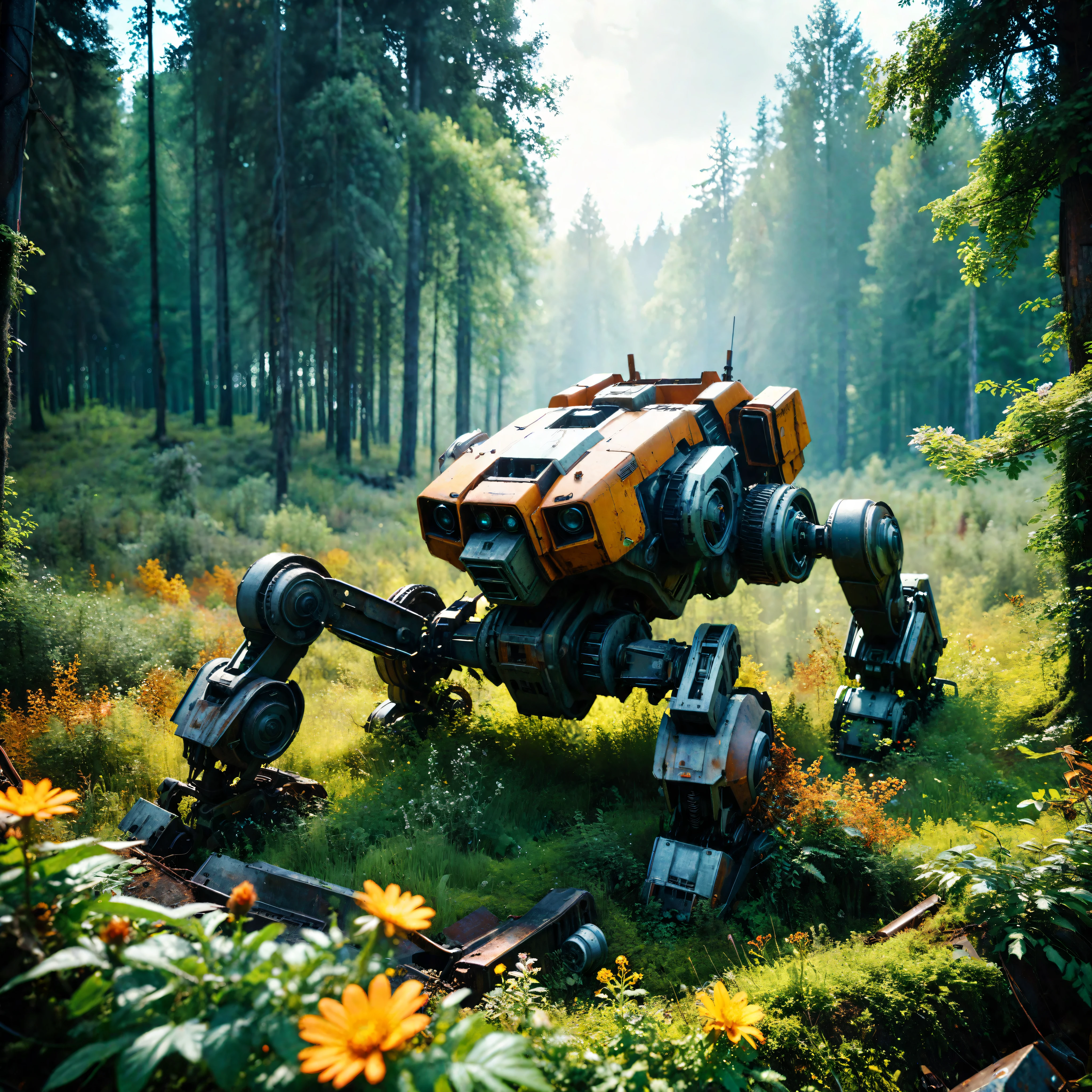 ((Masterpiece in maximum 16K resolution):1.6),((soft_color_photograpy:)1.5), ((Ultra-Detailed):1.4),((Movie-like still images and dynamic angles):1.3). | (Cinematic photo of a remains of abandoned mech laying down at a forest), (cinematic lens), (overgrown vines), (broken machines), (rusted steel), (edelweiss flowers), (shimmer), (visual experience), (Realism), (Realistic), award-winning graphics, dark shot, film grain, extremely detailed, Digital Art, rtx, Unreal Engine, scene concept anti glare effect, All captured with sharp focus.