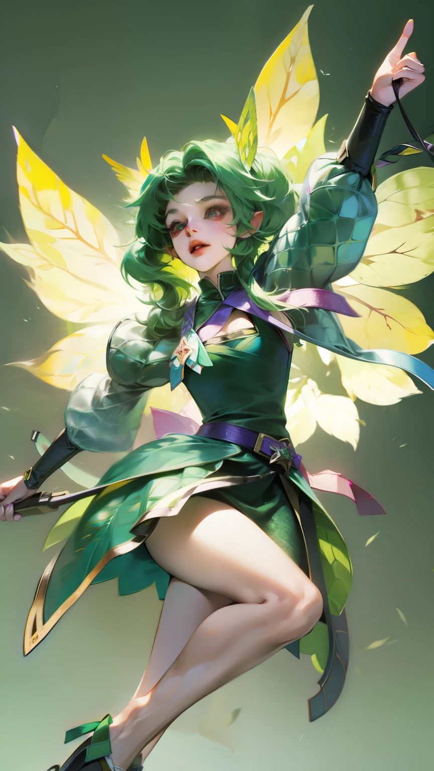 Wearing green and black clothing、Anime girl with wings and green background, Elf character, Fairy, forest Fairy, Insect trainer girl, brunette elf with Fairy wings, Elf, Cute 3D anime girl rendering, April rendering, Fairy dance, Dynamic sense
