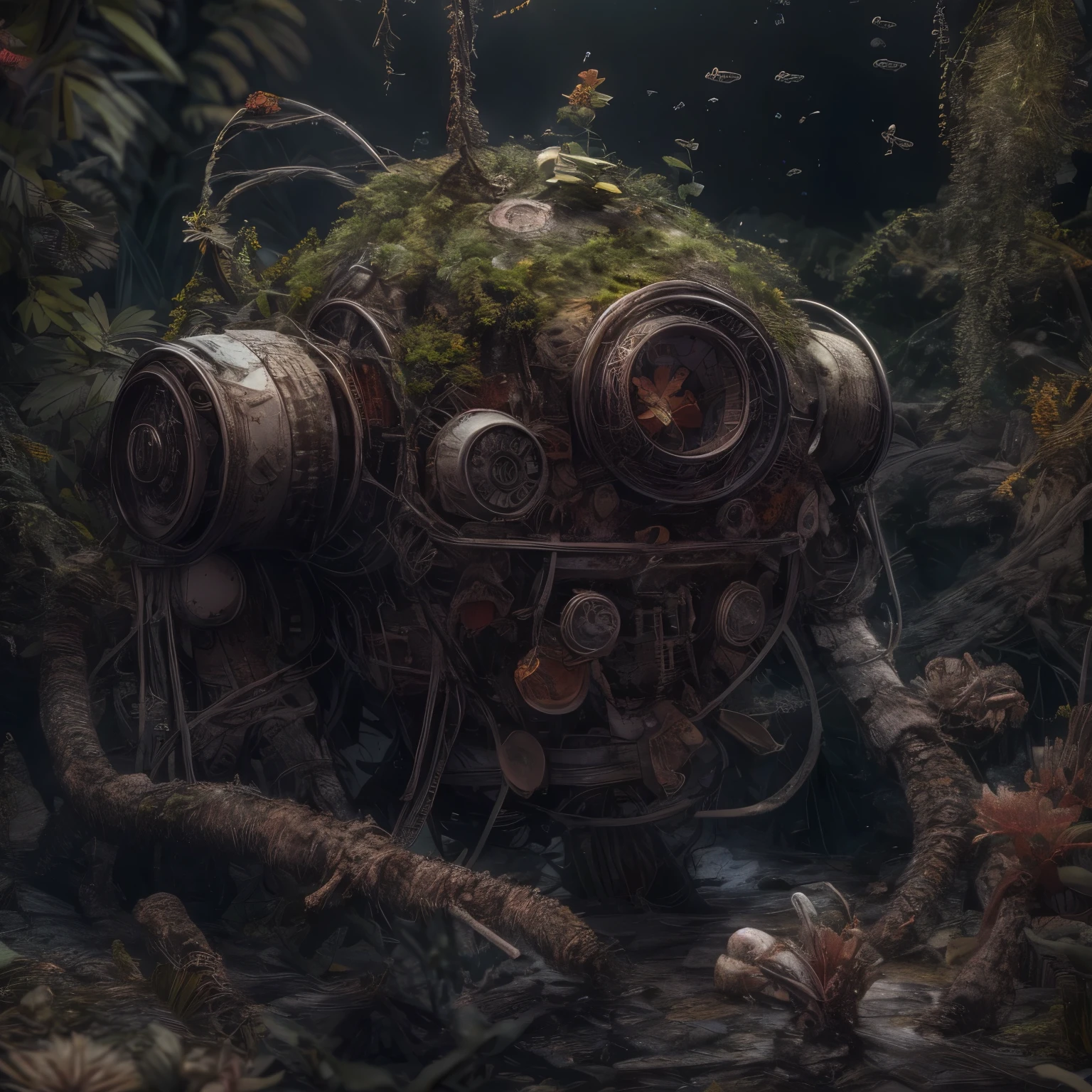 (La best quality,high resolution,super detailed,actual),at the bottom of the sea，dilapidated abandoned robot，covered with plants，The light is dark（ （（A masterpiece full of horror elements）））， （（best quality））， （（intricate details））（8k）