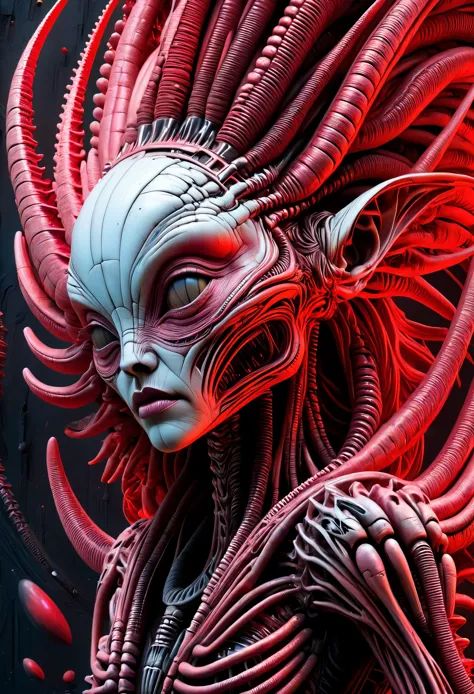 borg alien queen, bizarre human, dynamic, masterful red palettee rich colors pale skin, cute face, concept design, oil paint art...