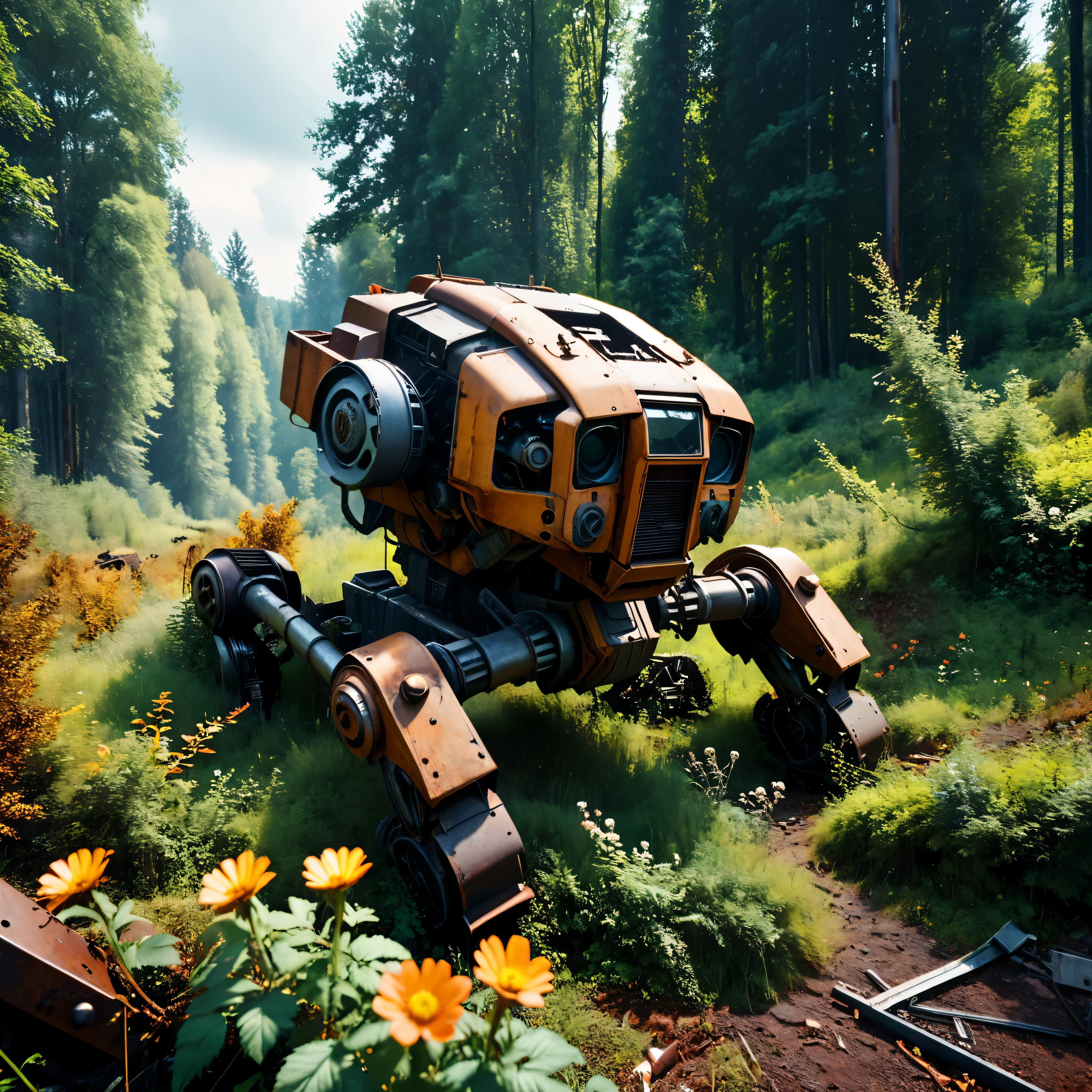 ((Masterpiece in maximum 16K resolution):1.6),((soft_color_photograpy:)1.5), ((Ultra-Detailed):1.4),((Movie-like still images and dynamic angles):1.3). | (Cinematic photo of a remains of abandoned mech laying down at a forest), (cinematic lens), (overgrown vines), (broken machines), (rusted steel), (edelweiss flowers), (shimmer), (visual experience), (Realism), (Realistic), award-winning graphics, dark shot, film grain, extremely detailed, Digital Art, rtx, Unreal Engine, scene concept anti glare effect, All captured with sharp focus.