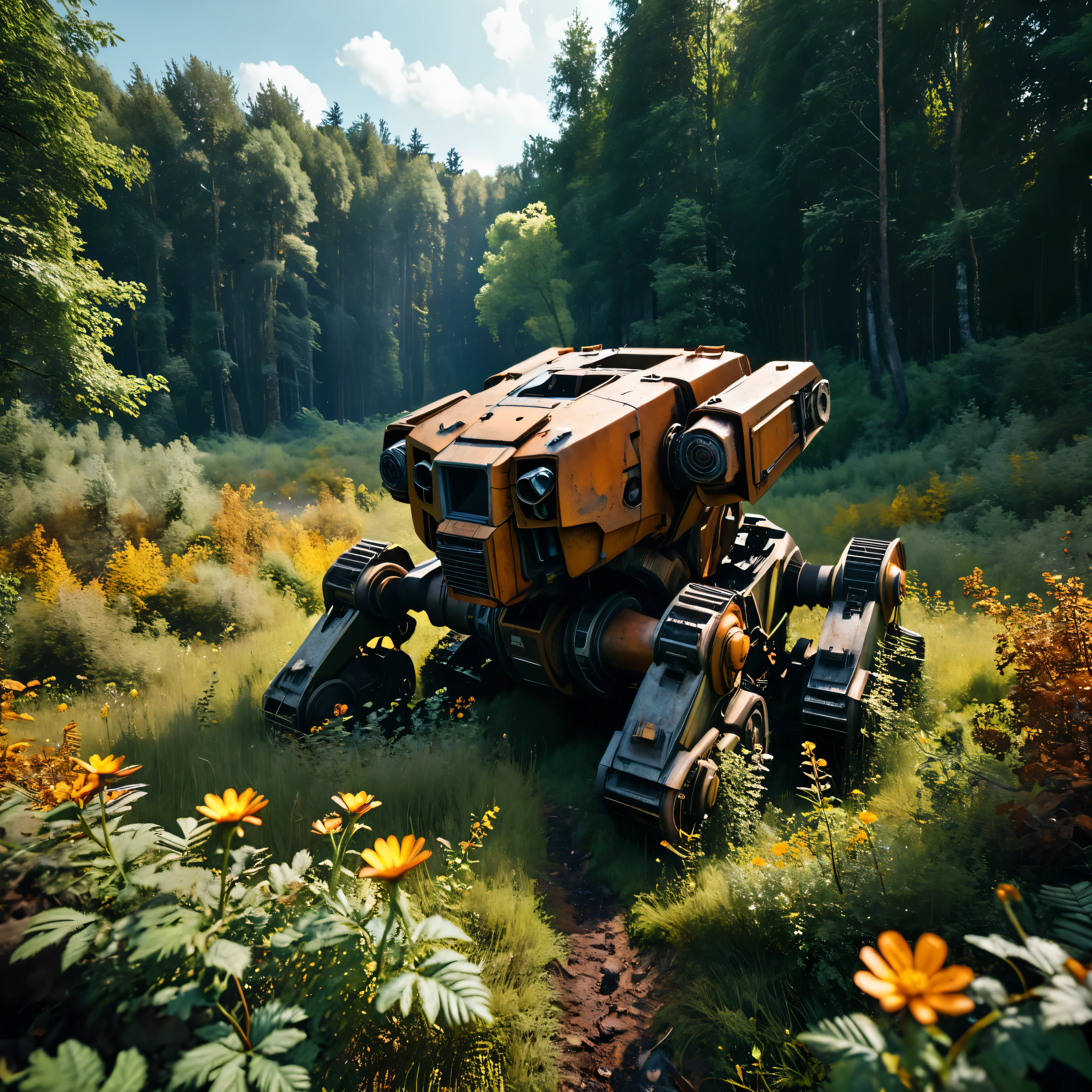 ((Masterpiece in maximum 16K resolution):1.6),((soft_color_photograpy:)1.5), ((Ultra-Detailed):1.4),((Movie-like still images and dynamic angles):1.3). | (Cinematic photo of a remains of abandoned mech laying down at a forest), (cinematic lens), (overgrown vines), (broken machines), (rusted steel), (edelweiss flowers), (shimmer), (visual experience), (Realism), (Realistic), award-winning graphics, dark shot, film grain, extremely detailed, Digital Art, rtx, Unreal Engine, scene concept anti glare effect, All captured with sharp focus.