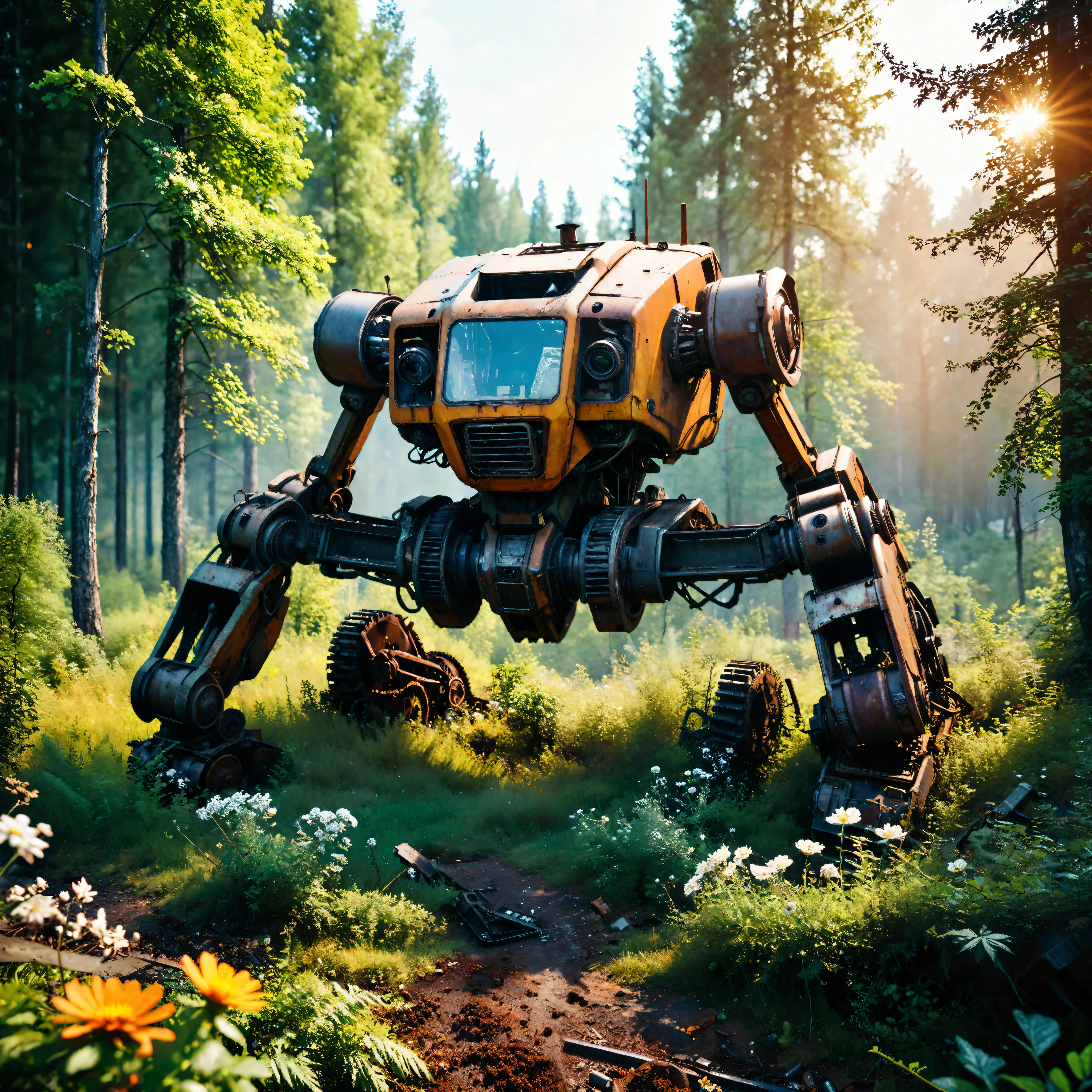 ((Masterpiece in maximum 16K resolution):1.6),((soft_color_photograpy:)1.5), ((Ultra-Detailed):1.4),((Movie-like still images and dynamic angles):1.3). | (Cinematic photo of a remains of abandoned mech laying down at a forest), (cinematic lens), (overgrown vines), (broken machines), (rusted steel), (edelweiss flowers), (shimmer), (visual experience), (Realism), (Realistic), award-winning graphics, dark shot, film grain, extremely detailed, Digital Art, rtx, Unreal Engine, scene concept anti glare effect, All captured with sharp focus.