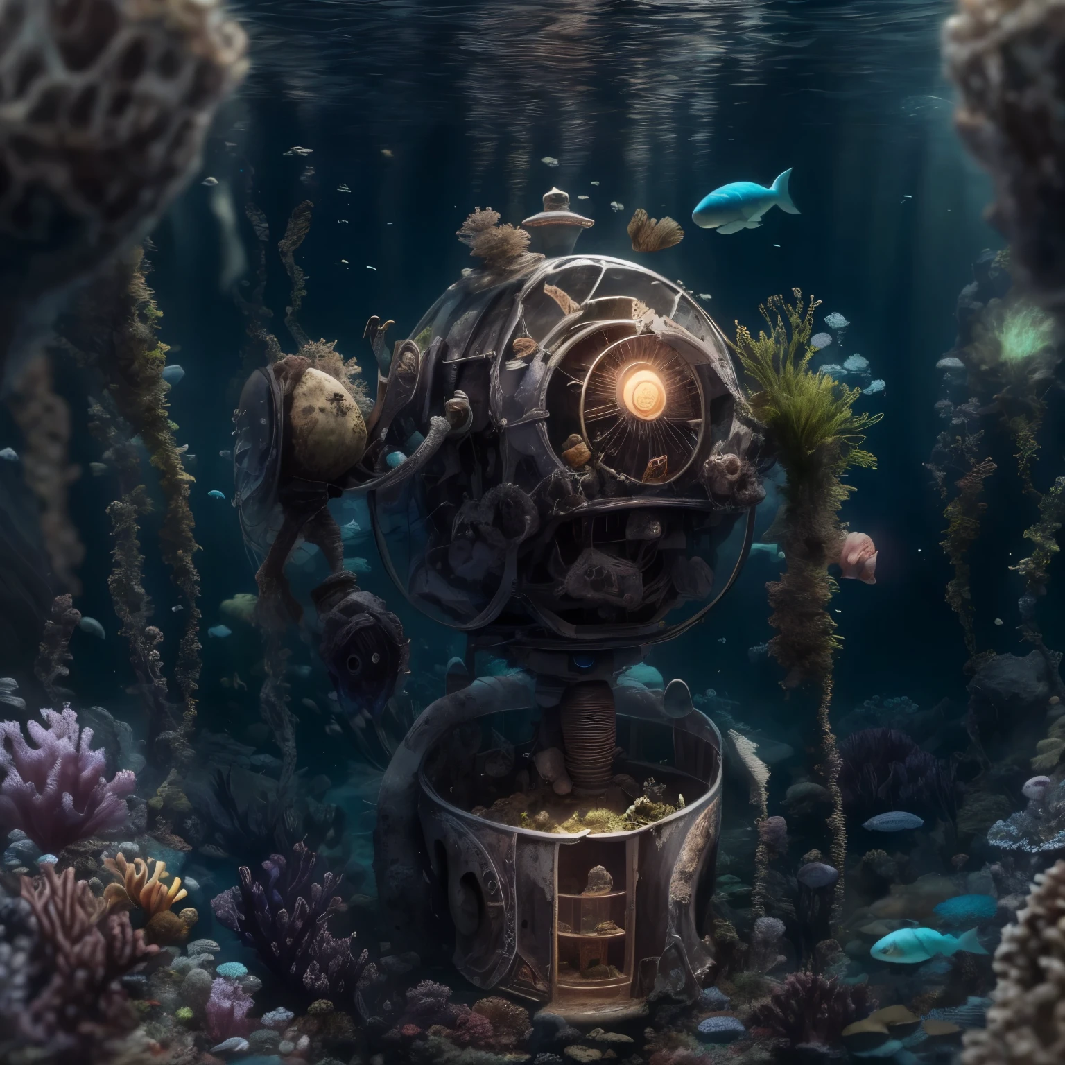 (La best quality,high resolution,super detailed,actual),at the bottom of the sea，dilapidated abandoned robot，Covered with underwater plants，There are small fish around，The light is dark（ （（A masterpiece full of horror elements）））， （（best quality））， （（intricate details））（8k）