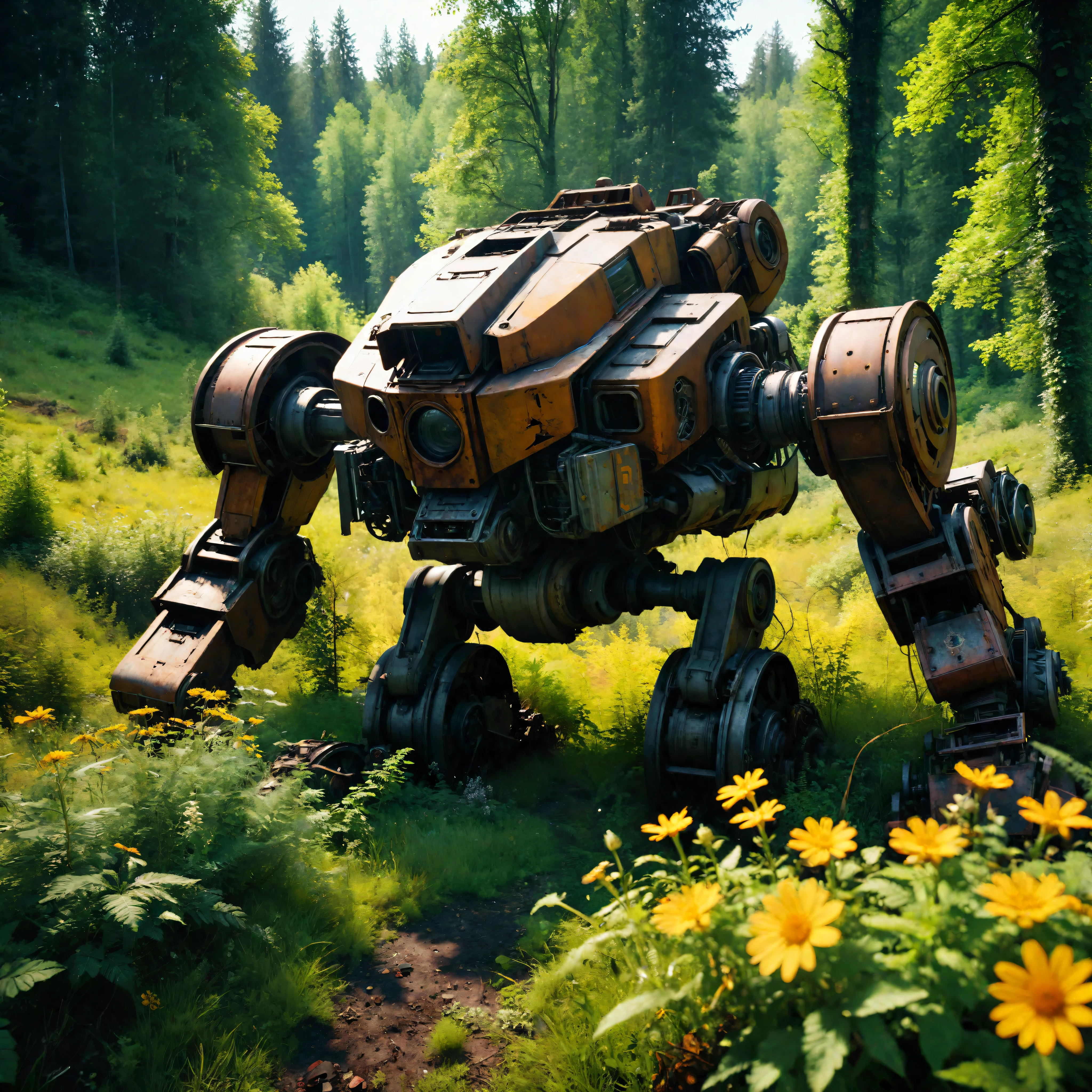 ((Masterpiece in maximum 16K resolution):1.6),((soft_color_photograpy:)1.5), ((Ultra-Detailed):1.4),((Movie-like still images and dynamic angles):1.3). | (Cinematic photo of a remains of abandoned mech laying down at a forest), (cinematic lens), (overgrown vines), (broken machines), (rusted steel), (edelweiss flowers), (shimmer), (visual experience), (Realism), (Realistic), award-winning graphics, dark shot, film grain, extremely detailed, Digital Art, rtx, Unreal Engine, scene concept anti glare effect, All captured with sharp focus.