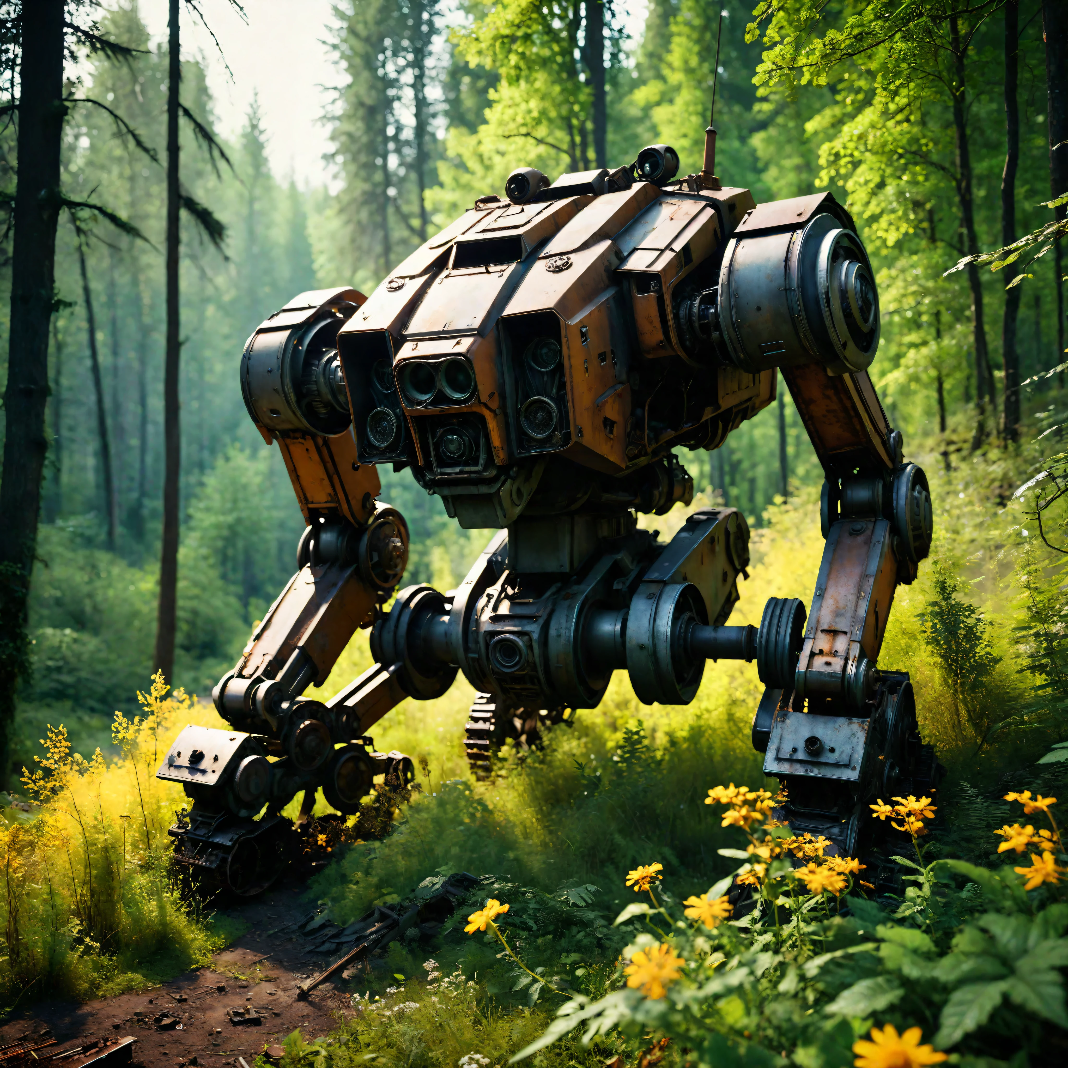 ((Masterpiece in maximum 16K resolution):1.6),((soft_color_photograpy:)1.5), ((Ultra-Detailed):1.4),((Movie-like still images and dynamic angles):1.3). | (Cinematic photo of a remains of abandoned mech laying down at a forest), (cinematic lens), (overgrown vines), (broken machines), (rusted steel), (edelweiss flowers), (shimmer), (visual experience), (Realism), (Realistic), award-winning graphics, dark shot, film grain, extremely detailed, Digital Art, rtx, Unreal Engine, scene concept anti glare effect, All captured with sharp focus.