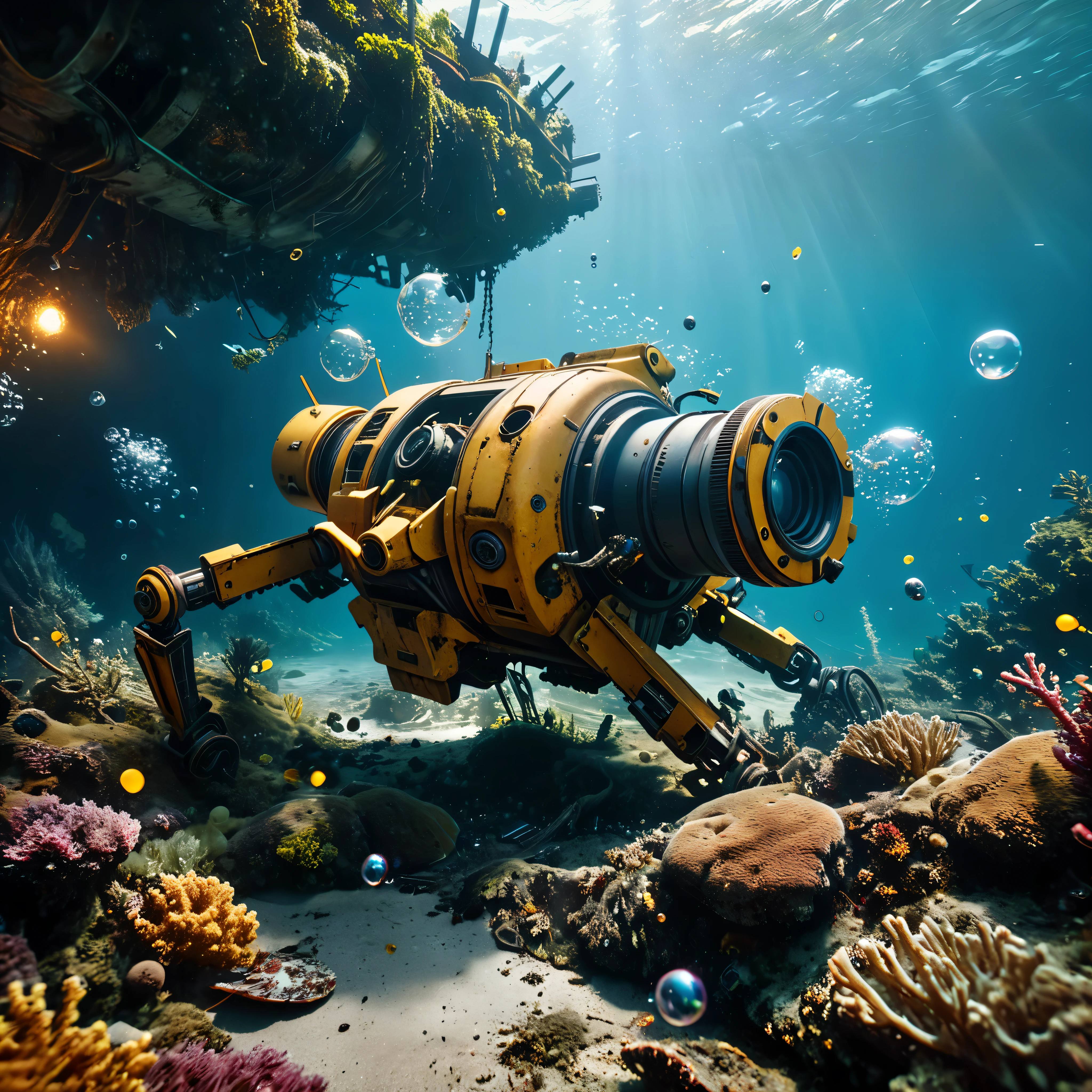 ((Masterpiece in maximum 16K resolution):1.6),((soft_color_photograpy:)1.5), ((Ultra-Detailed):1.4),((Movie-like still images and dynamic angles):1.3). | (Cinematic photo of a remains of broken mech arms laying down at bottom of the sea), (cinematic lens), (overgrown reef), (abandoned mech), (broken machine), (dead machine), (bubbles), (shimmer), (visual experience), (Realism), (Realistic), award-winning graphics, dark shot, film grain, extremely detailed, Digital Art, rtx, Unreal Engine, scene concept anti glare effect, All captured with sharp focus.