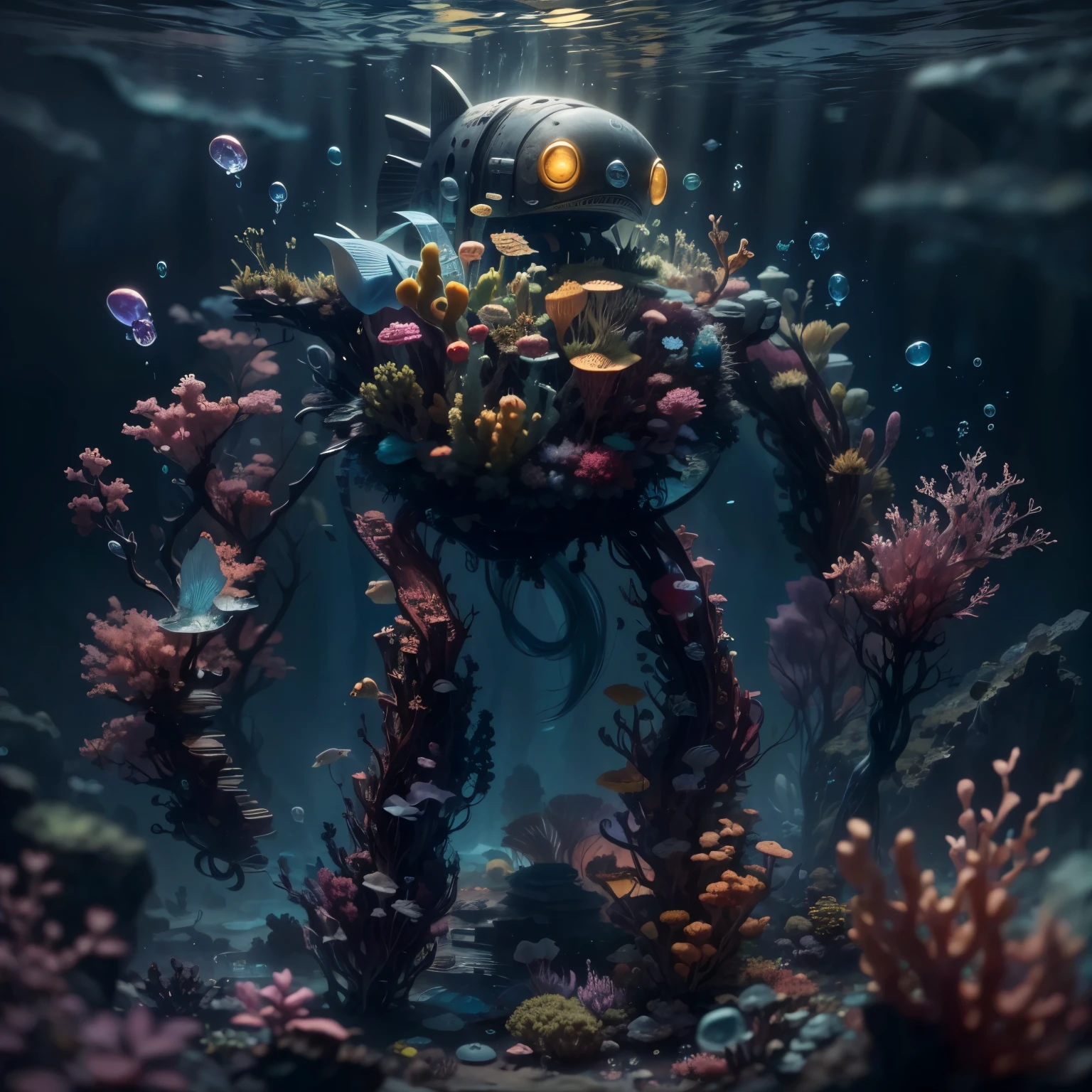 (La best quality,high resolution,super detailed,actual),at the bottom of the sea，dilapidated abandoned robot，Covered with underwater plants，There are small fish around，The light is dark（ （（A masterpiece full of horror elements）））， （（best quality））， （（intricate details））（8k）