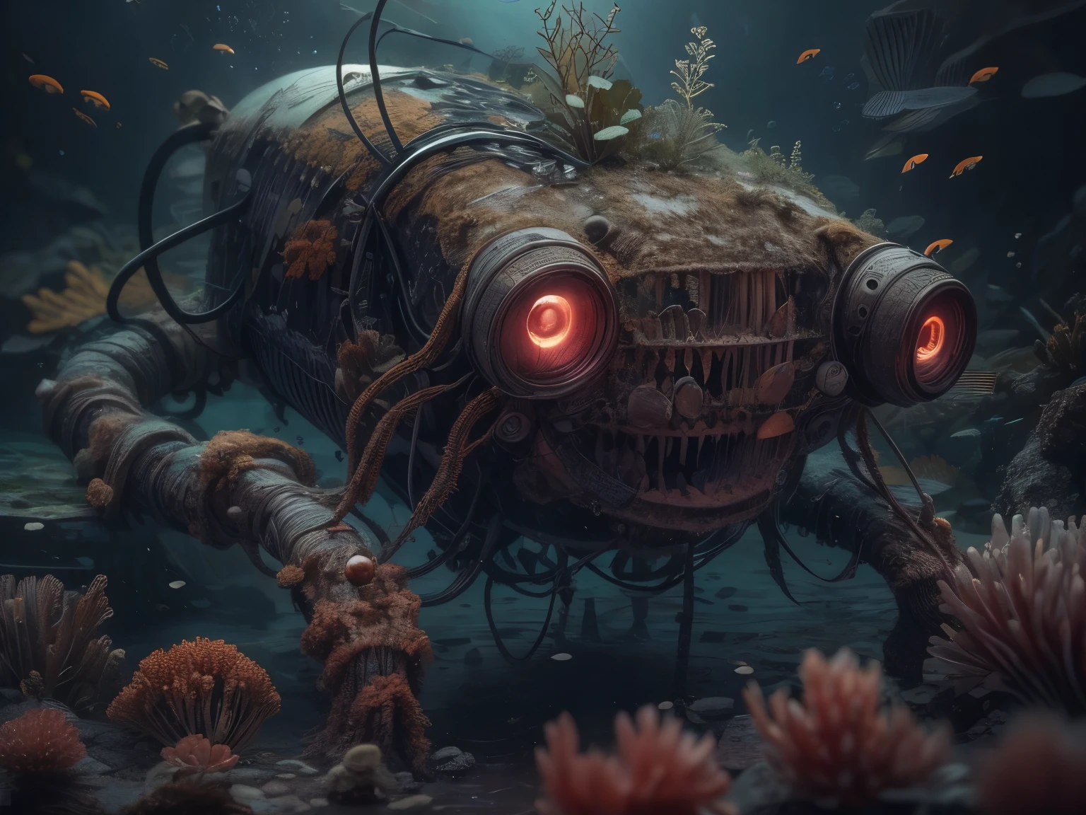 (La best quality,high resolution,super detailed,actual),at the bottom of the sea，dilapidated abandoned robot，Covered with underwater plants，There are small fish around，The light is dark（ （（A masterpiece full of horror elements）））， （（best quality））， （（intricate details））（8k）