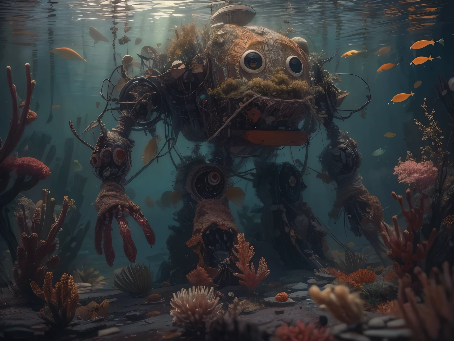 (La best quality,high resolution,super detailed,actual),at the bottom of the sea，dilapidated abandoned robot，Covered with underwater plants，There are small fish around，The light is dark（ （（A masterpiece full of horror elements）））， （（best quality））， （（intricate details））（8k）