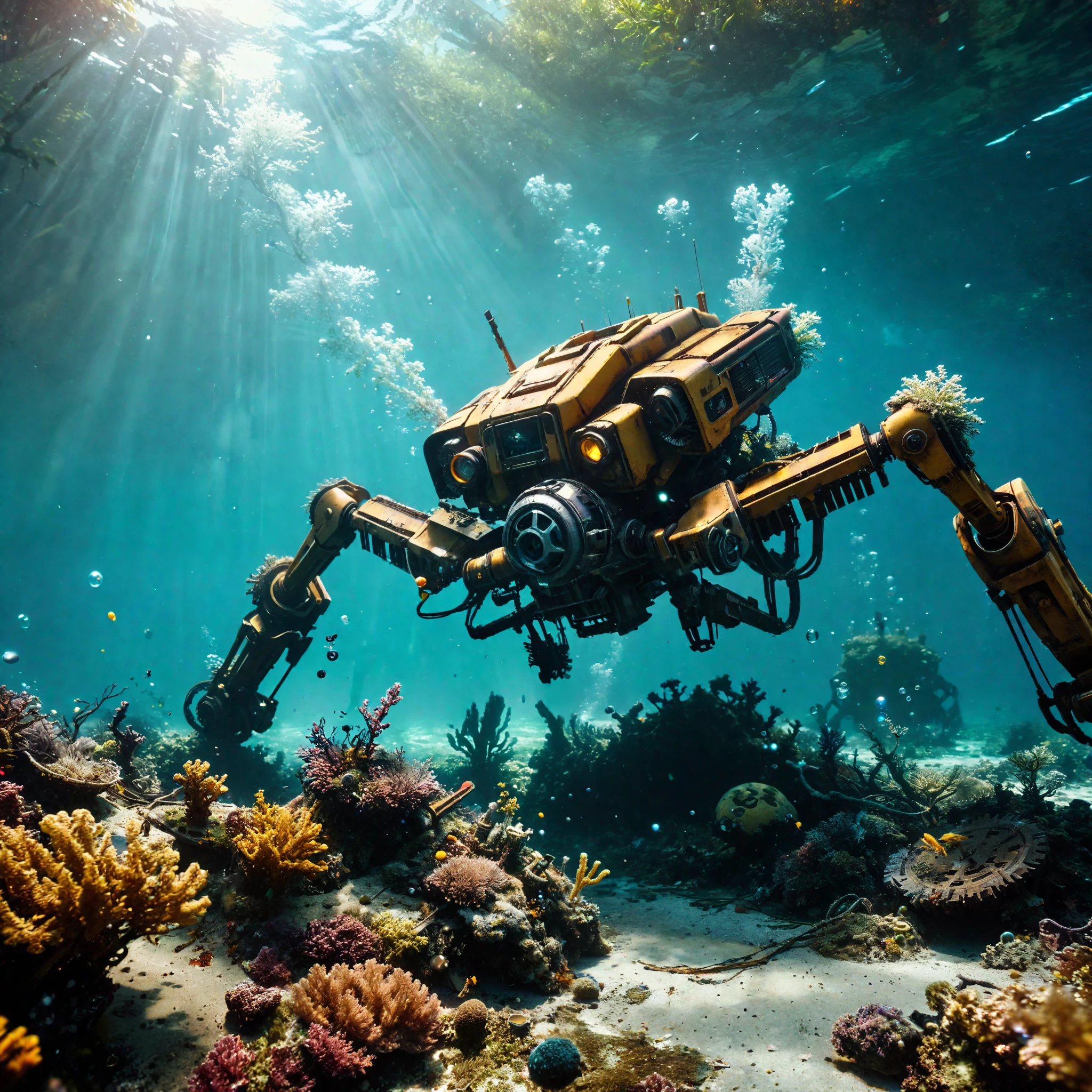 ((Masterpiece in maximum 16K resolution):1.6),((soft_color_photograpy:)1.5), ((Ultra-Detailed):1.4),((Movie-like still images and dynamic angles):1.3). | (Cinematic photo of a remains of broken mech arms laying down at bottom of the sea), (cinematic lens), (overgrown reef), (abandoned mech), (broken machine), (dead machine), (bubbles), (shimmer), (visual experience), (Realism), (Realistic), award-winning graphics, dark shot, film grain, extremely detailed, Digital Art, rtx, Unreal Engine, scene concept anti glare effect, All captured with sharp focus.