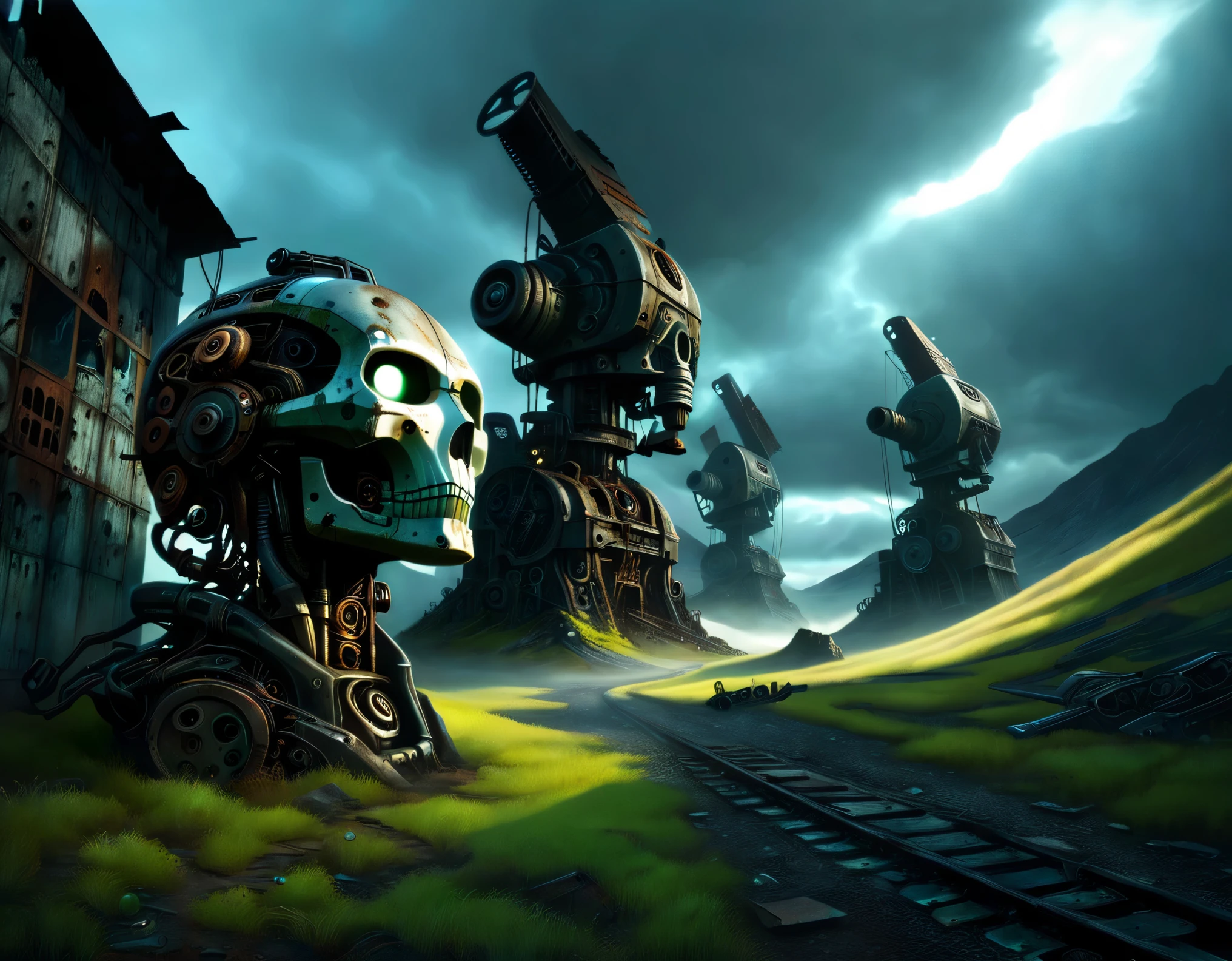 (Best Quality, High Definition), (Mountains of Abandoned Mechanicals), Super duper mechanical heads with severed limbs, Super duper mechanical heads with mutilated bodies, Super duper scrapped mechanical heads, Super duper broken mech junk mountains, mechanical junk mountains, Post-apocalyptic, anti-utopia, rusted metal, broken parts, moss, ghostly atmosphere, destroyed cities, mechanical wrecks, lifelessness, desolation, somber lighting, dramatic perspective, decay, futuristic, cyberpunk aesthetics, darkness, contrasts, shadows, mystery, abandoned buildings, wreckage, discarded machinery, haunted, silence, solitude, desolation, fields