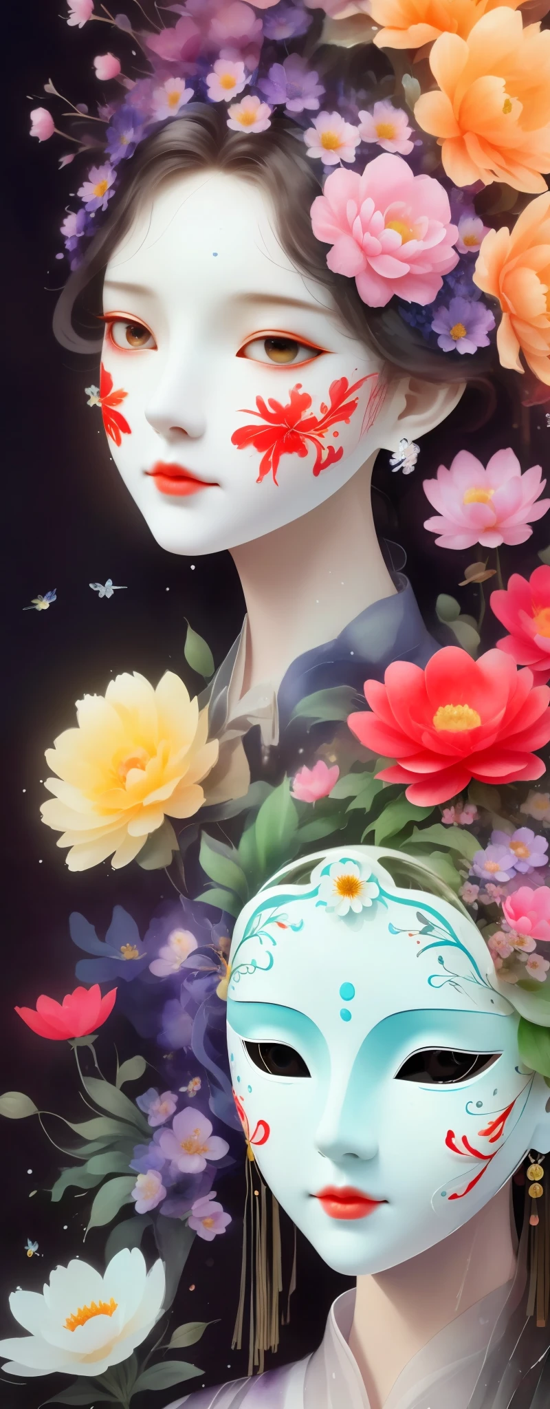 marionette，Mechanical doll，mask among flowers，White mask surrounded by flowers，3D mask，Metal，Cut-out mask，black，red，green，refracted light，light and shadow，Actual situation，perfect composition，