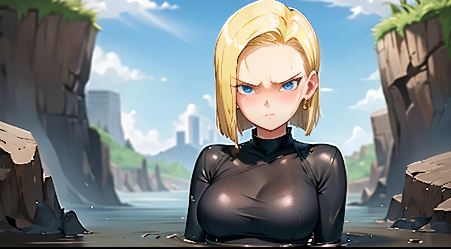 Anime girl in black wetsuit standing in front of a river - SeaArt AI