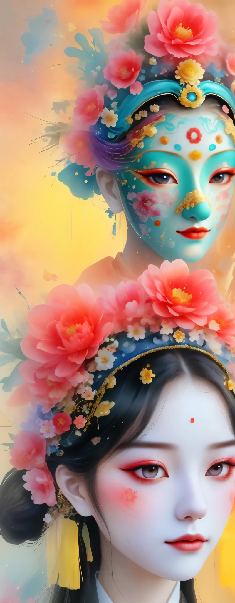 marionette，Mechanical doll，mask among flowers，White mask surrounded by flowers，3D mask，Metal，Cut-out mask，black，red，green，refracted light，light and shadow，Actual situation，perfect composition，