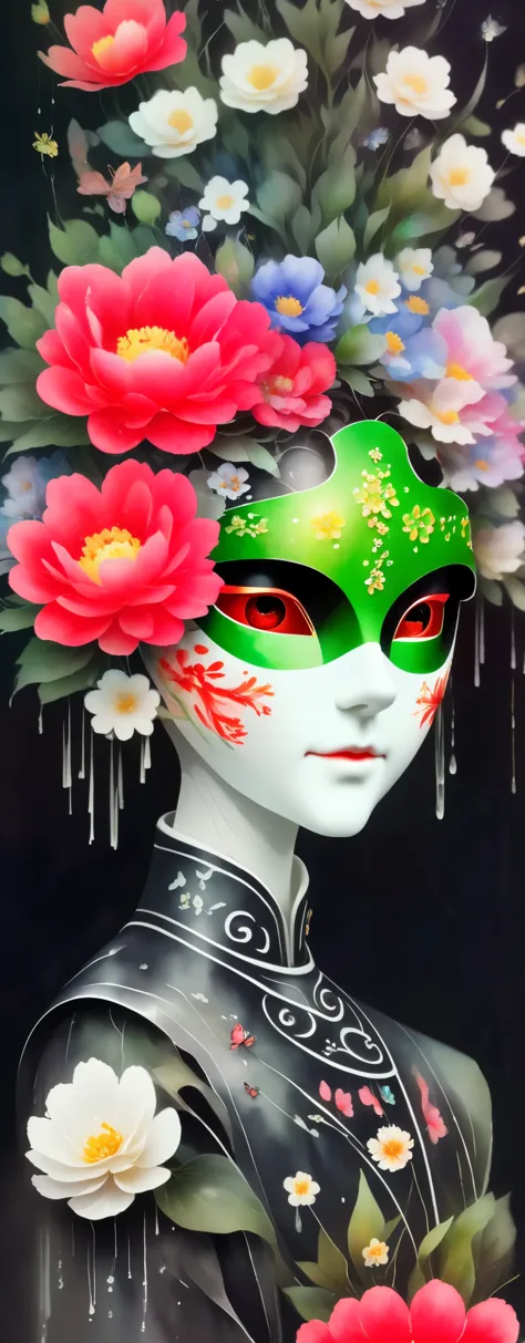 watercolor painting：1.37，wet，flowing water marks。1 puppet，mechanical doll，empty eyes，mask among flowers，white mask surrounded by...