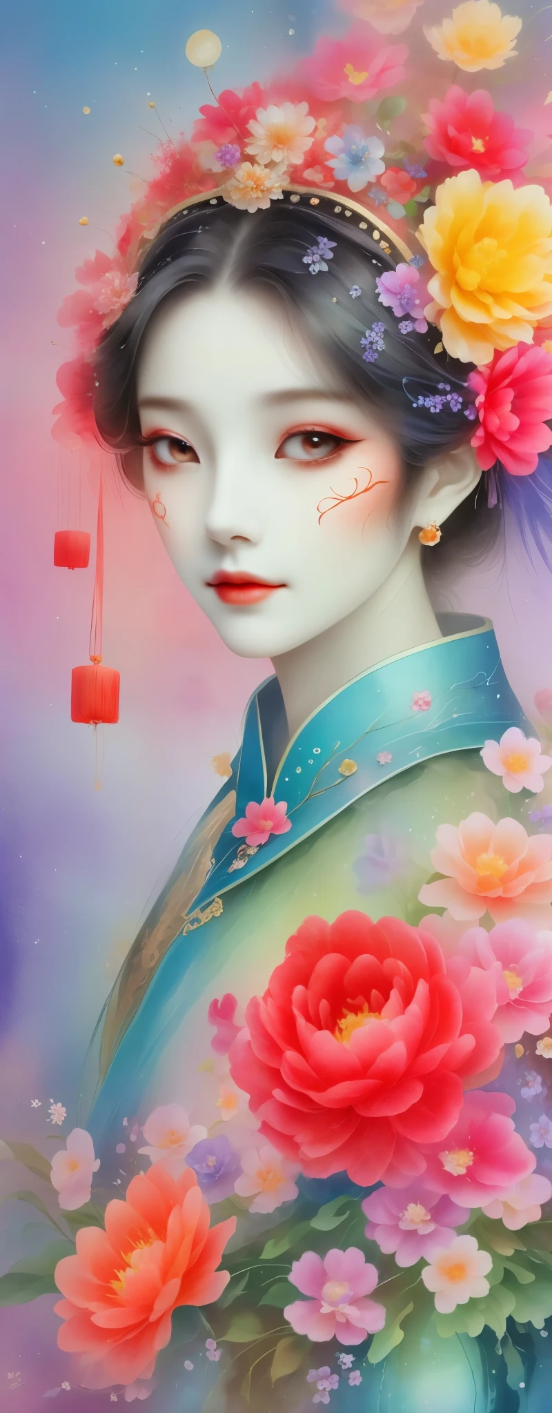 a watercolor painting：wet，flowing water marks。（Below is a portrait of a Chinese princess，exquisite makeup，flower headdress，surrounded by flowers，Chinese elements）。（There&#39;s a mask on it，Clown 3D Mask，hollow，Flowers grow from empty eyes，Flowers blooming on the mask）。Strong wind，petals in the air，Glowing insects in the sky