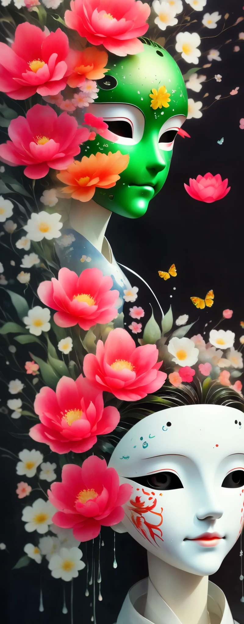 marionette，Mechanical doll，mask among flowers，White mask surrounded by flowers，3D mask，Metal，Cut-out mask，black，red，green，refracted light，light and shadow，Actual situation，perfect composition，