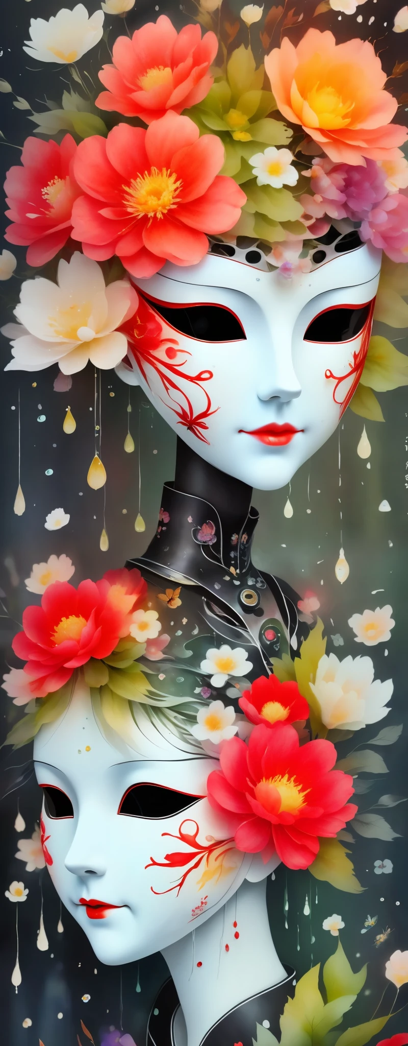 marionette，Mechanical doll，mask among flowers，White mask surrounded by flowers，3D mask，Metal，Cut-out mask，black，red，green，refracted light，light and shadow，Actual situation，perfect composition，