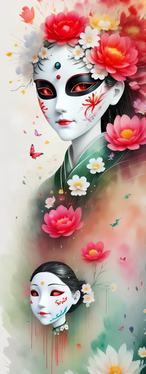 watercolor painting：1.37，wet，flowing water marks。1 puppet，mechanical doll，empty eyes，mask among flowers，white mask surrounded by...