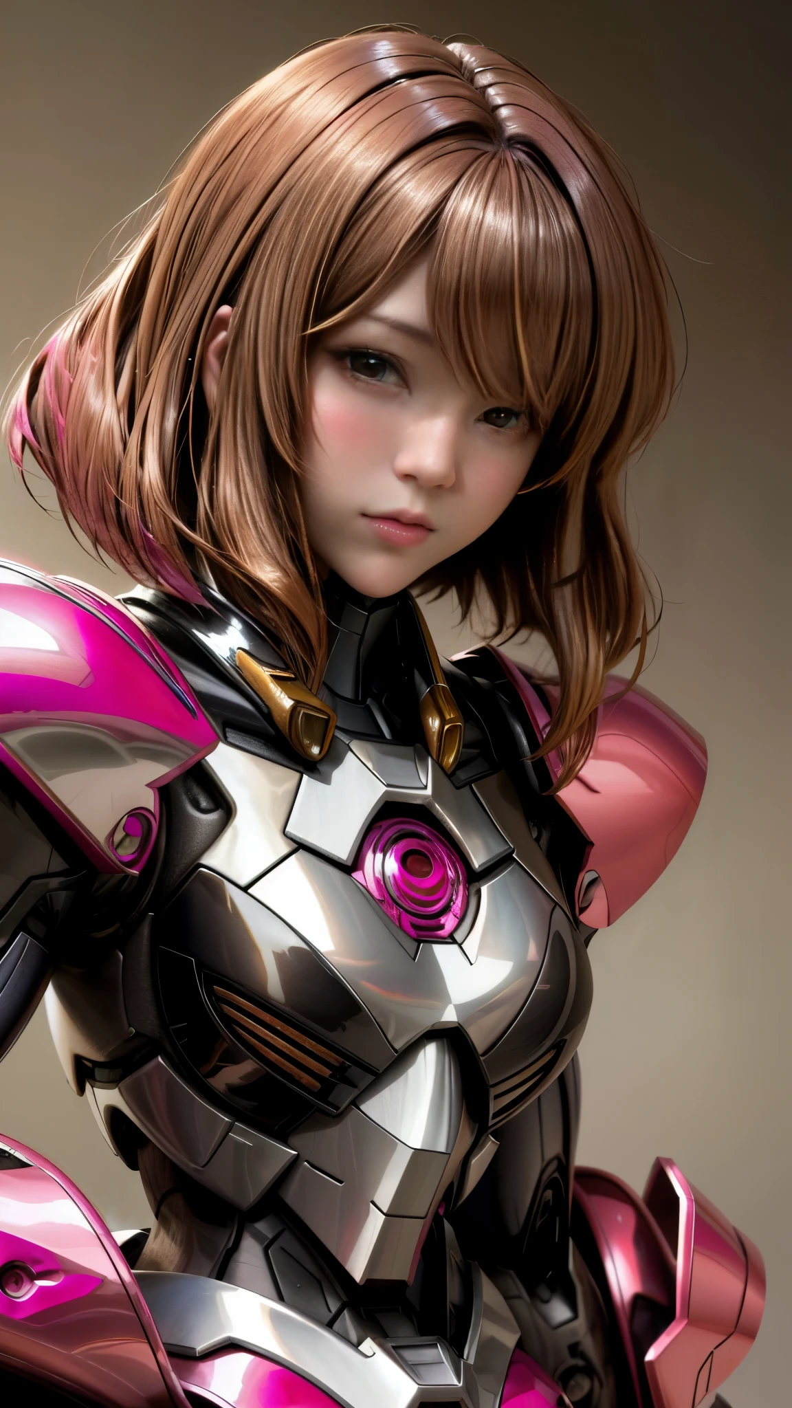 Photo of two realistic black Sazabi girls，Shortcut Bob Cut，I have a lot of hair，brown eyes，Hair color is bright pink，cool look，background is gray，16 year old daughter of Haman Khan and Char Aznable.