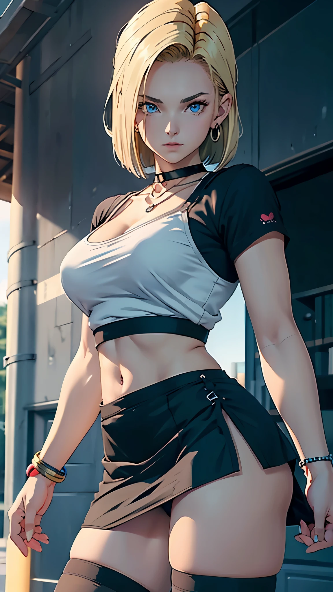 best quality, high resolution, and18, 1 woman, 20 years old, android 18, Android18DB, solo, blonde hair, blue eyes, short hair, earrings, necklace, choker, bracelet, accessories, perfect body, perfect abdomen, perfectly round butt, tight black crop top (under breasts), dark blue short skirt, cleavage, visible abdomen, raised skirt, high stockings, charming look, sexy pose, blurred background, (cinematic lighting), (8K), (masterpiece), (weather: windy), ((photorealistic))