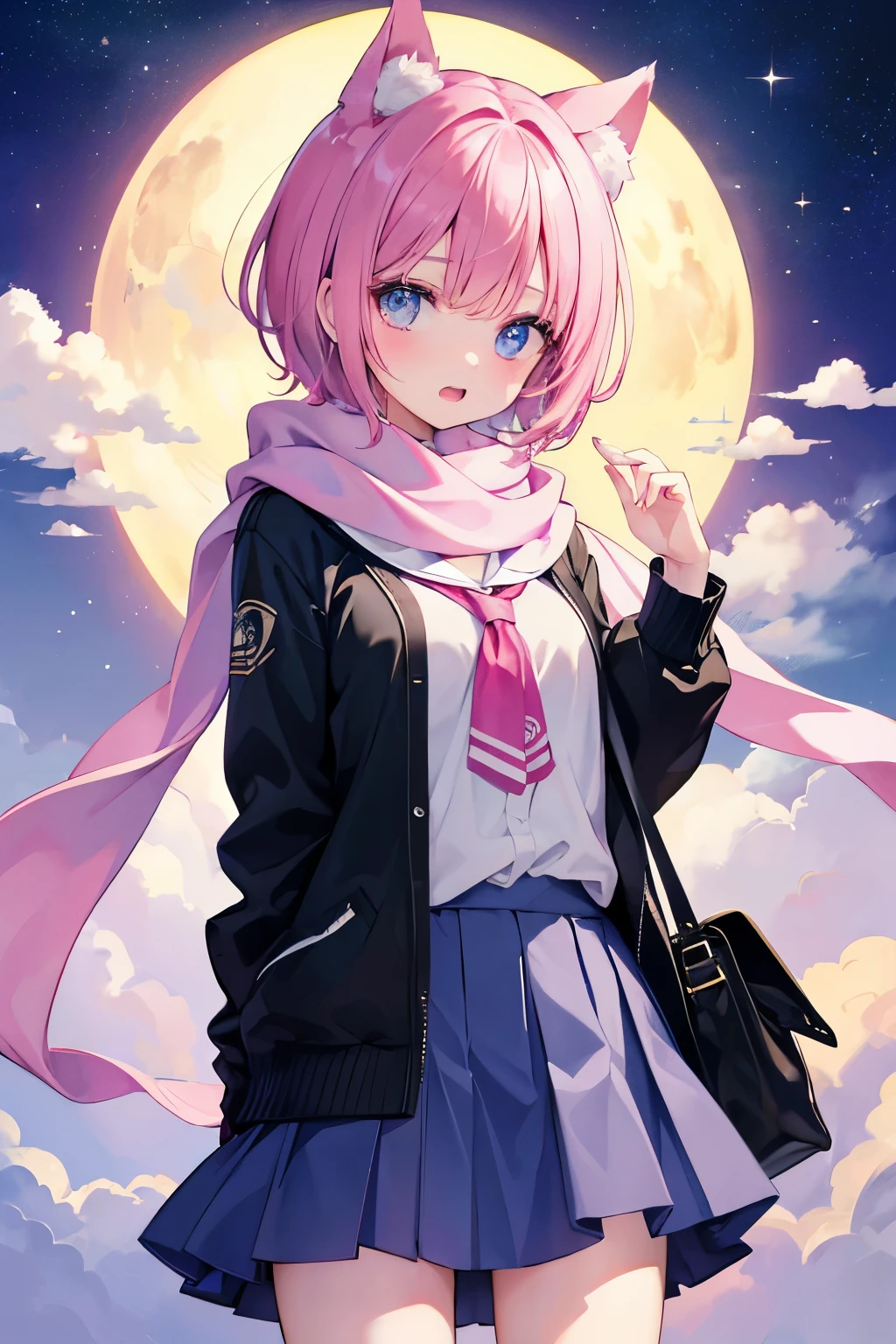 Very beautiful and shining eyes、shining eyes、1 girl、small breasts、big mouth、high school girl、small breasts、Cat ear、Transparent pink short hair、scarf、hot pants、transparent clothes、childish clothes