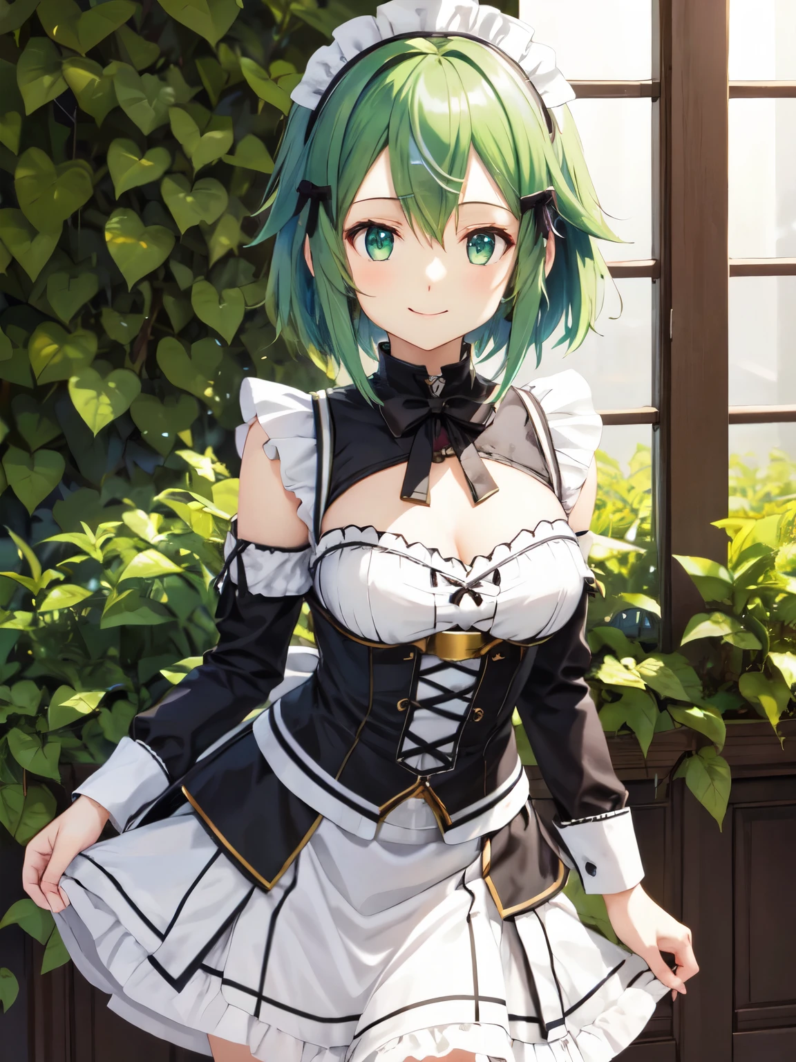 Super detailed, High resolution、grassland、green hair, Sinon, short hair、1 girl, smile, bright eyes、open chest、gothic lolita clothing、white maid outfit、Cute skirt、skirt, white skirt、absolute reference to center