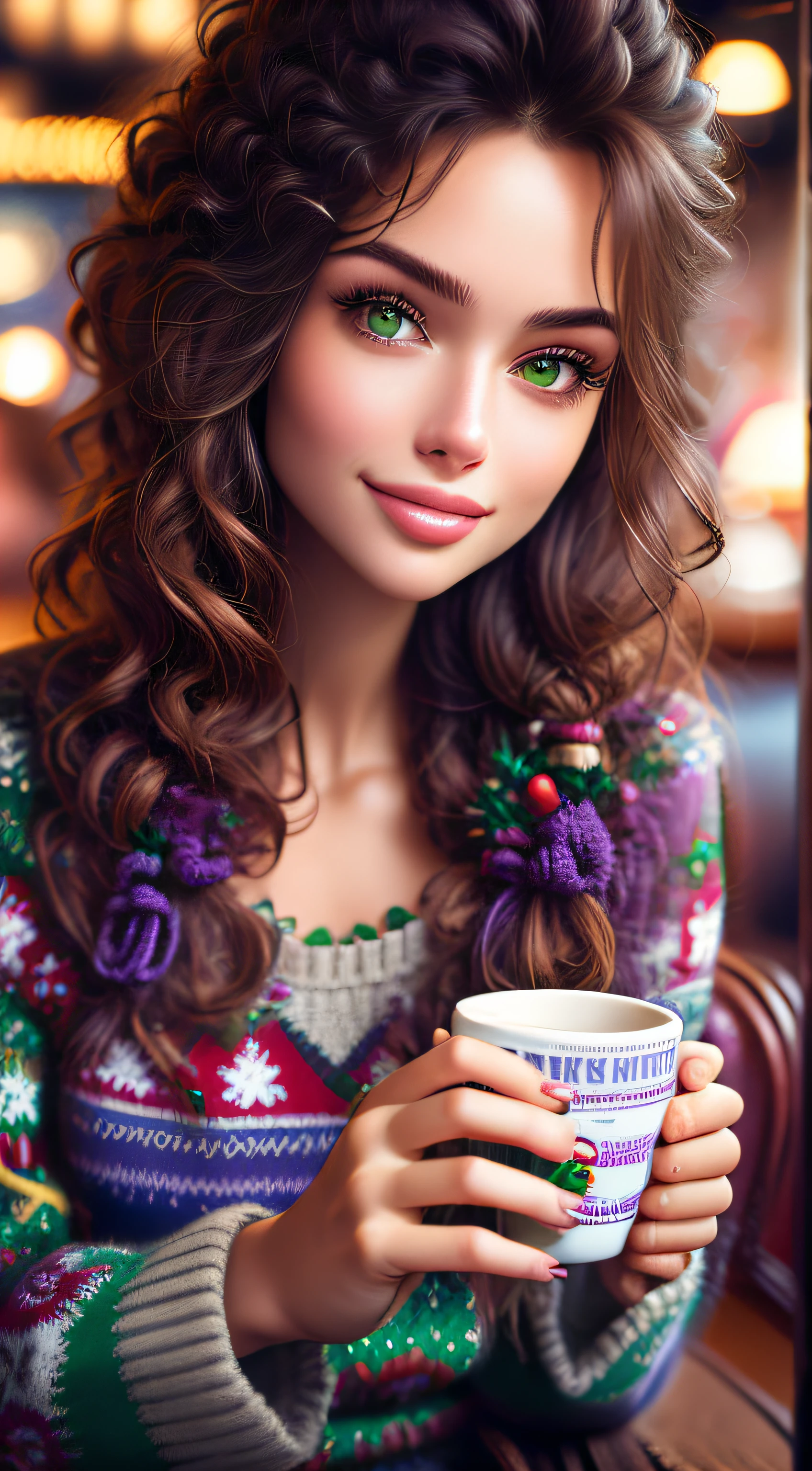 See 994 details / 5.000 Resultados de tradução Resultado da tradução Ultra-realistic color photographic portrait taken by professional photographer of a beautiful Brazilian woman, curly brown hair with Christmas hat, brown eyes, green and purple tones, frontal photo, 24 year old girl, sitting in Ireland cafe, holding a cup of tea, wearing Christmas pullover. The photo is sharp and detailed, with high contrast. girl, her entire face and hair showing in the image. Ey