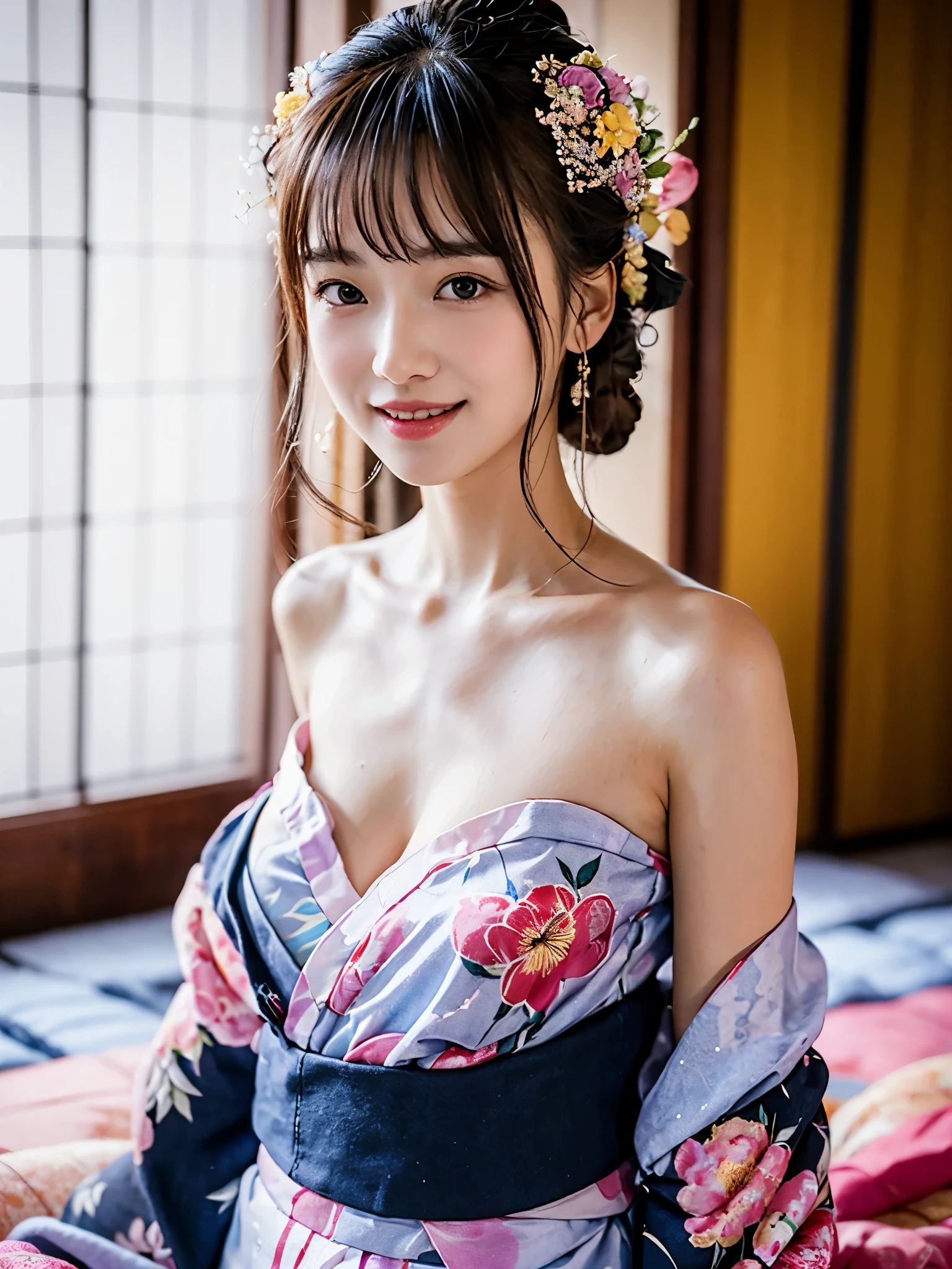 (one young girl), very cute face, wonderful face and eyes, (highly detailed eyes, highly detailed face), Fresh, very beautiful appearance, (超realistic, High resolution), (highest quality:1.4), RAW photo, (realistic, Photoreal:1.37), professional photography, (floral pattern yukata:1.5), (Open yukata), (cleavage:1.2), (bare shoulders), smile a little, (look at me), Bedroom, girl portrait,