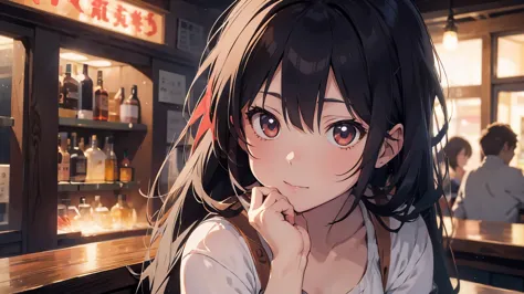 16 anime-style illustrations of the profile of a beautiful woman drinking alcohol at a bar, viewed from a distance.:9