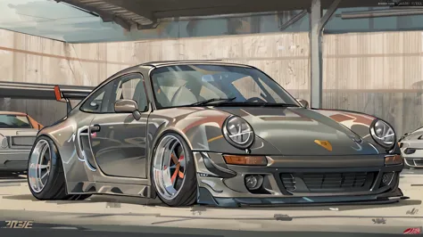 porsche 911 rwb, wide body, sketch, 
cartoonish, comic strip, chip foose car rendering, chrome wheels, bagged, slammed to the gr...