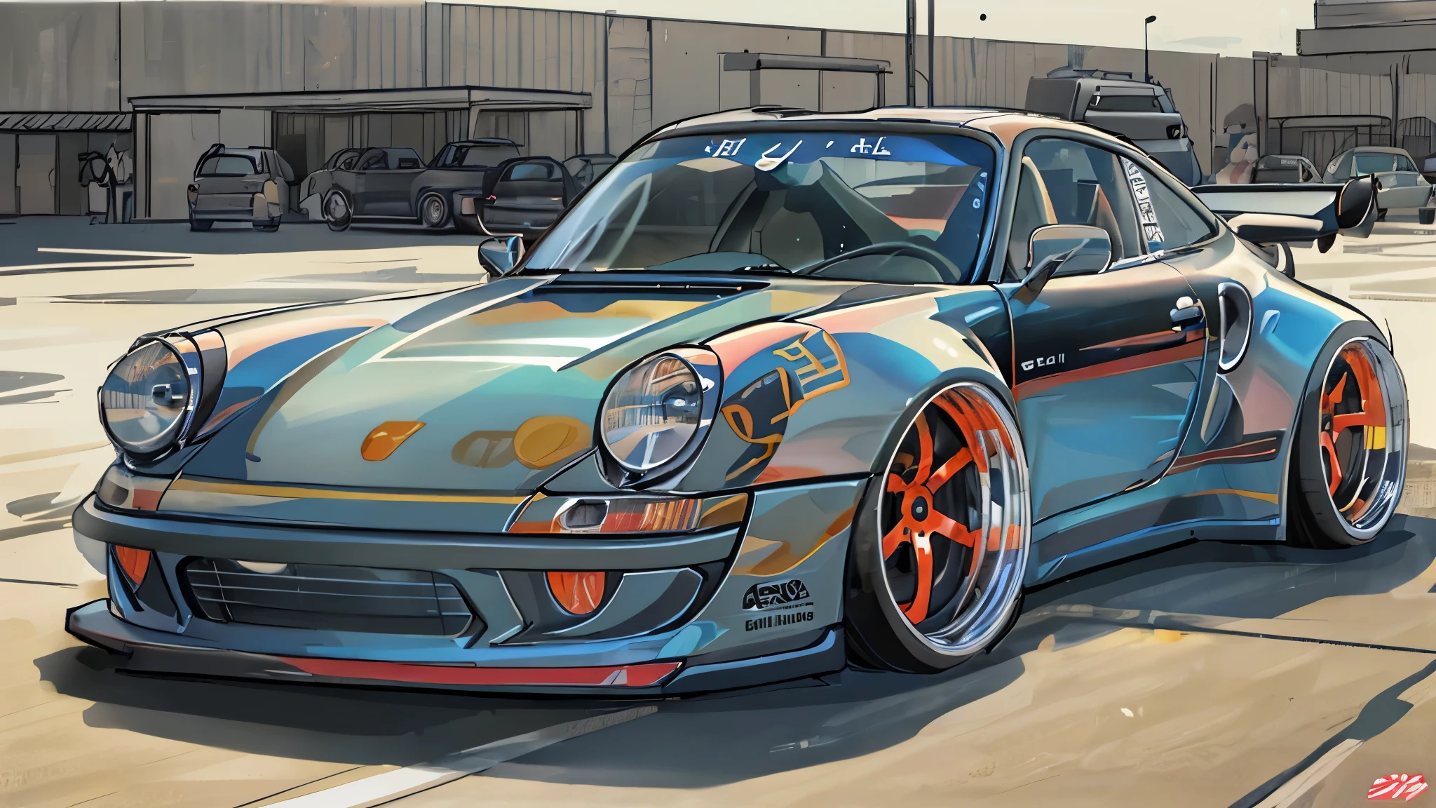 
Porsche 911 rwb, wide body, sketch, 
cartoonish, comic strip, Chip Foose car rendering, chrome wheels, bagged, slammed to the ground, empty parkinglot, style dessin manga, couleur