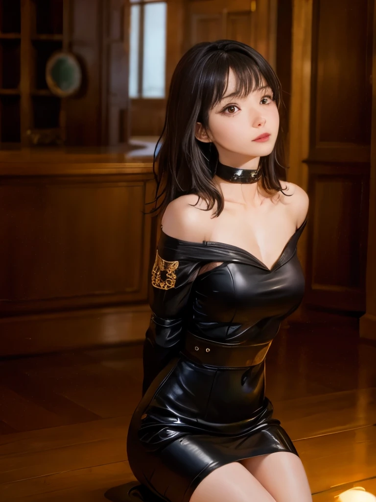 highest quality、black haired woman、blush、shy、Black bondage suit、off shoulder、My chest is exposed、High leg、black choker、black garter belt、Spotlight、stage