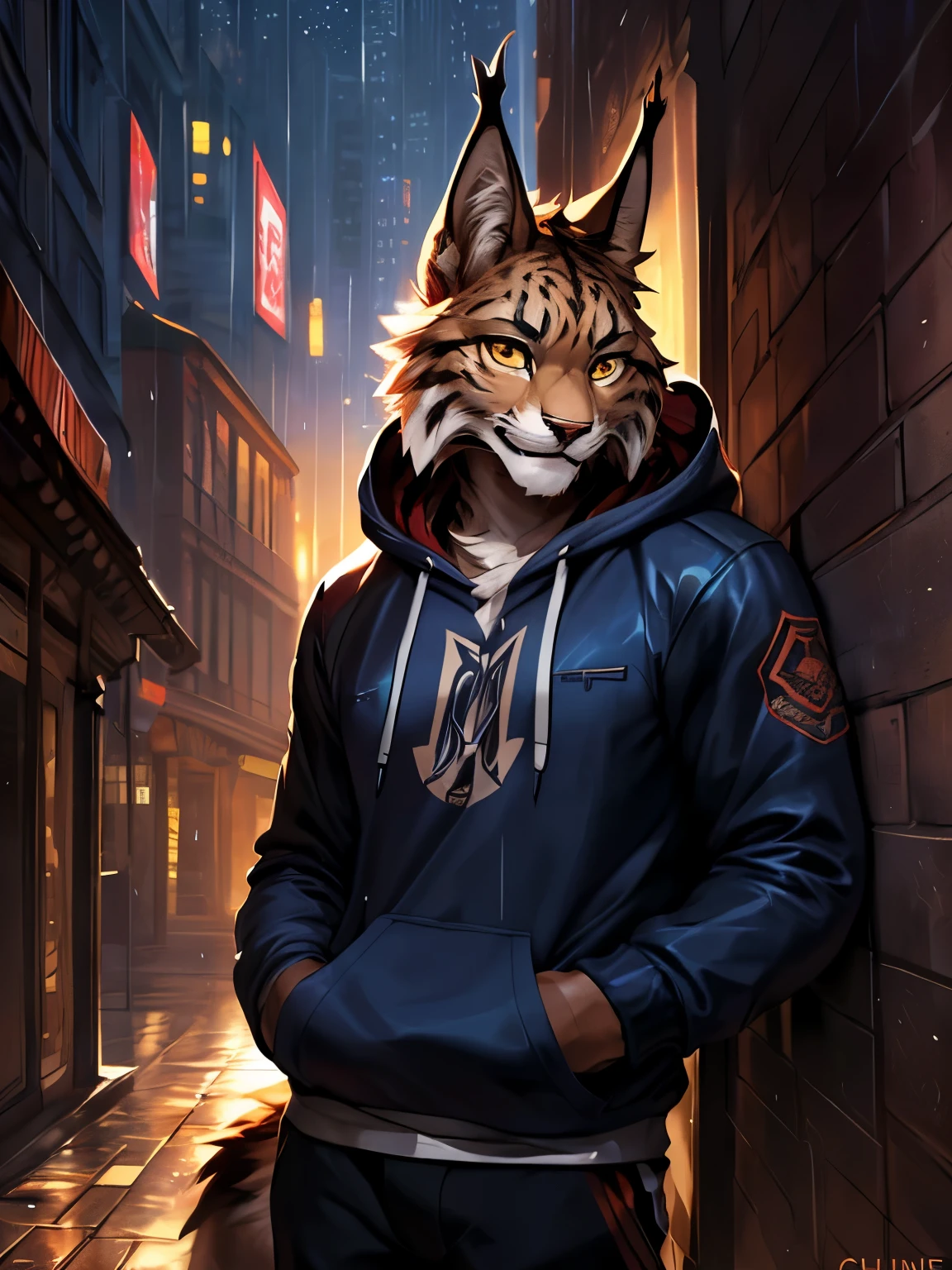 4k, ,8K, Una alta resolución, best qualitY, colores perfectos, sombras perfectas, Iluminación perfecta, publicado en e621, (bY Chunie, bY canYne khai, bY t.Y.starale), male, furrY, LYnx anthro, solo, Yellow eYes, (Realistic eYe details 1.2), night citY, lluvia, (Detalle de lluvia realista), Ropa de calle con capucha, Full bodY like, Slim bodY, Apoyado contra la pared, iluminación dramática, iluminación suave, daY, highlY detail, pelo enrollado, deleitar, Posición de pie, encanto de pose genial, Abstract beautY, centro, mirando a la camara, Frente a la cámara, acercándose a la perfección, DYnamic, highlY detailed, ilustración, (fondo realista), (LYnx Tail), ((iluminación bonifasko)), (Detailed eYes), alumnos perfectos, detail eYes, detail fluffY fur, (cara seductora:1.2), fit bodY, mirando a la camara,, fit bodY, figura masculina perfecta, piel detallada, cara detallada, cara perfecta, antecedentes detallados, (complejo),  (Súper detalle), (Ultra transparente), (Best QualitY)