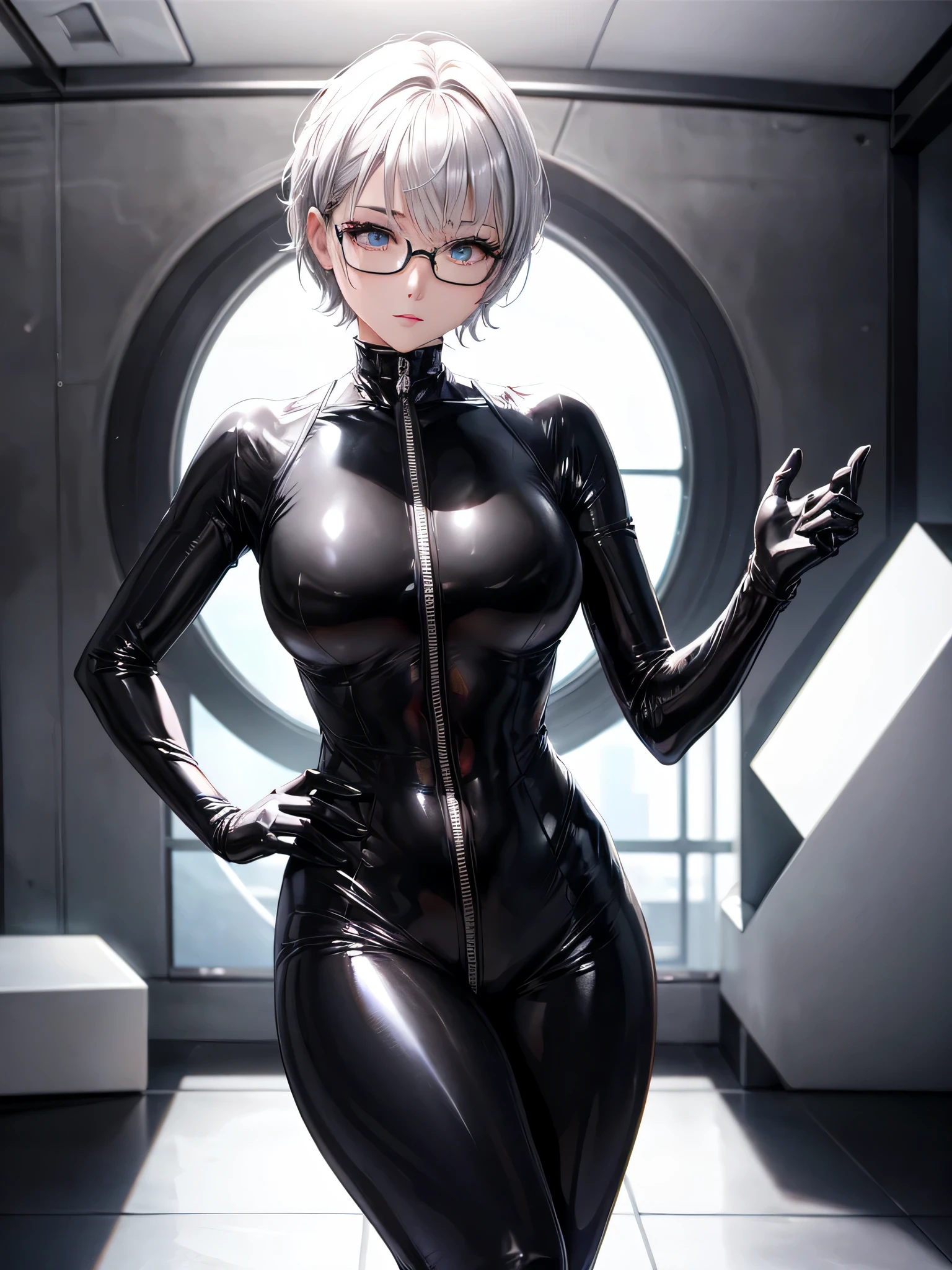 Top quality 8K UHD、short hair、pieces fly、cute eyes、silver hair、Glasses、Full body gloss、Beautiful woman wearing a full-body black metallic suit、A black rubber suit that hides your lustrous skin