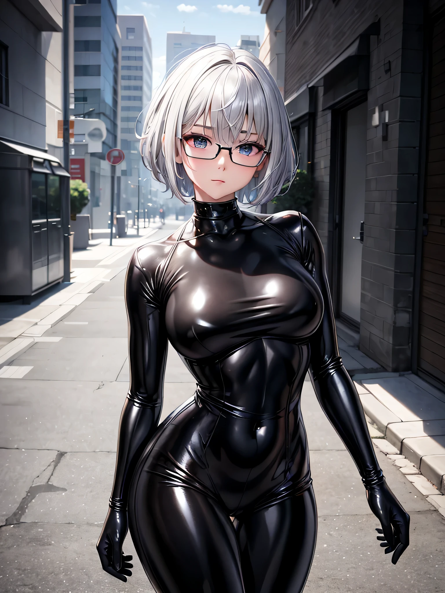 Top quality 8K UHD、short hair、pieces fly、cute eyes、silver hair、glasses uskul、Musculoskeletal system々、Upper body、Full body gloss、Beautiful woman wearing a full-body black metallic suit、A black rubber suit that hides your lustrous skin