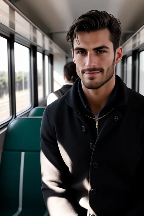 Realistic , Handsome European Man ,inside train