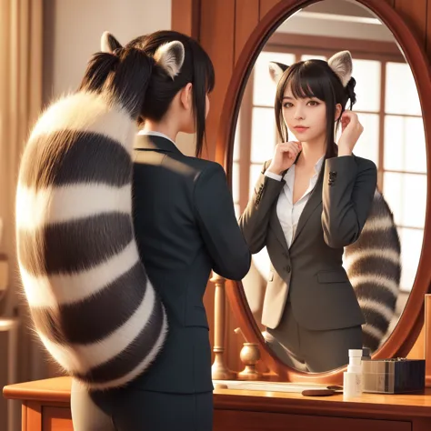 Girl in a business suit looking at herself in the mirror, pov furry art, anthropomorphic raccoon dog, (software) safe for work, ...