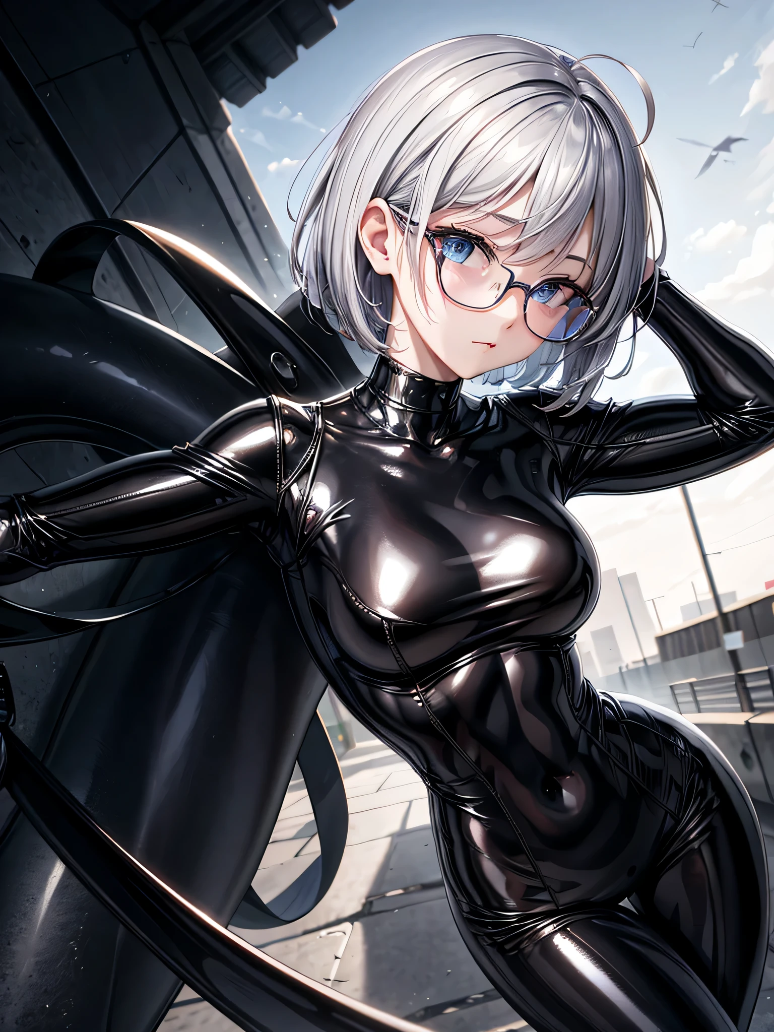 Top quality 8K UHD、short hair、pieces fly、cute eyes、silver hair、glasses uskul、Musculoskeletal system々、Upper body、Full body gloss、Beautiful woman wearing a full-body black metallic suit、A black rubber suit that hides your lustrous skin