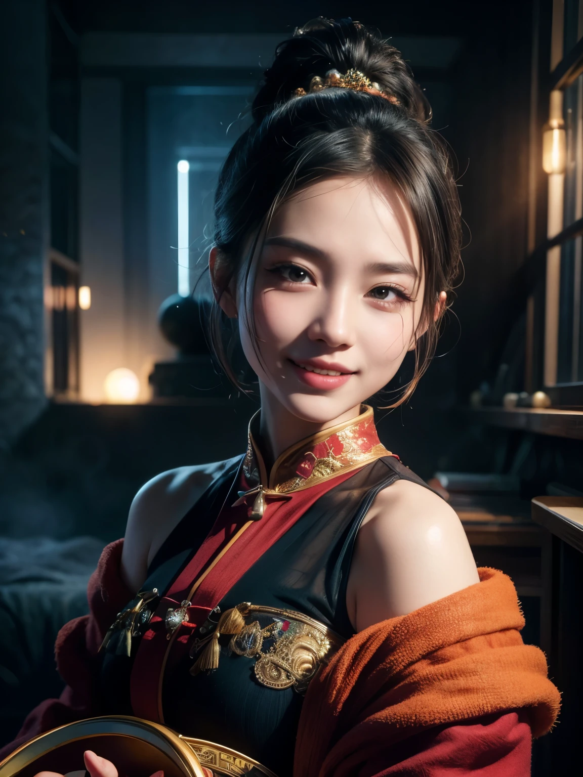 1girl with a big smile in hyper-realistic Chinese portrait style, upper body focus, detailed shading and lighting, by Li Shuxing and Peikang Chen, high resolution, Studio Gobo Render, 4k